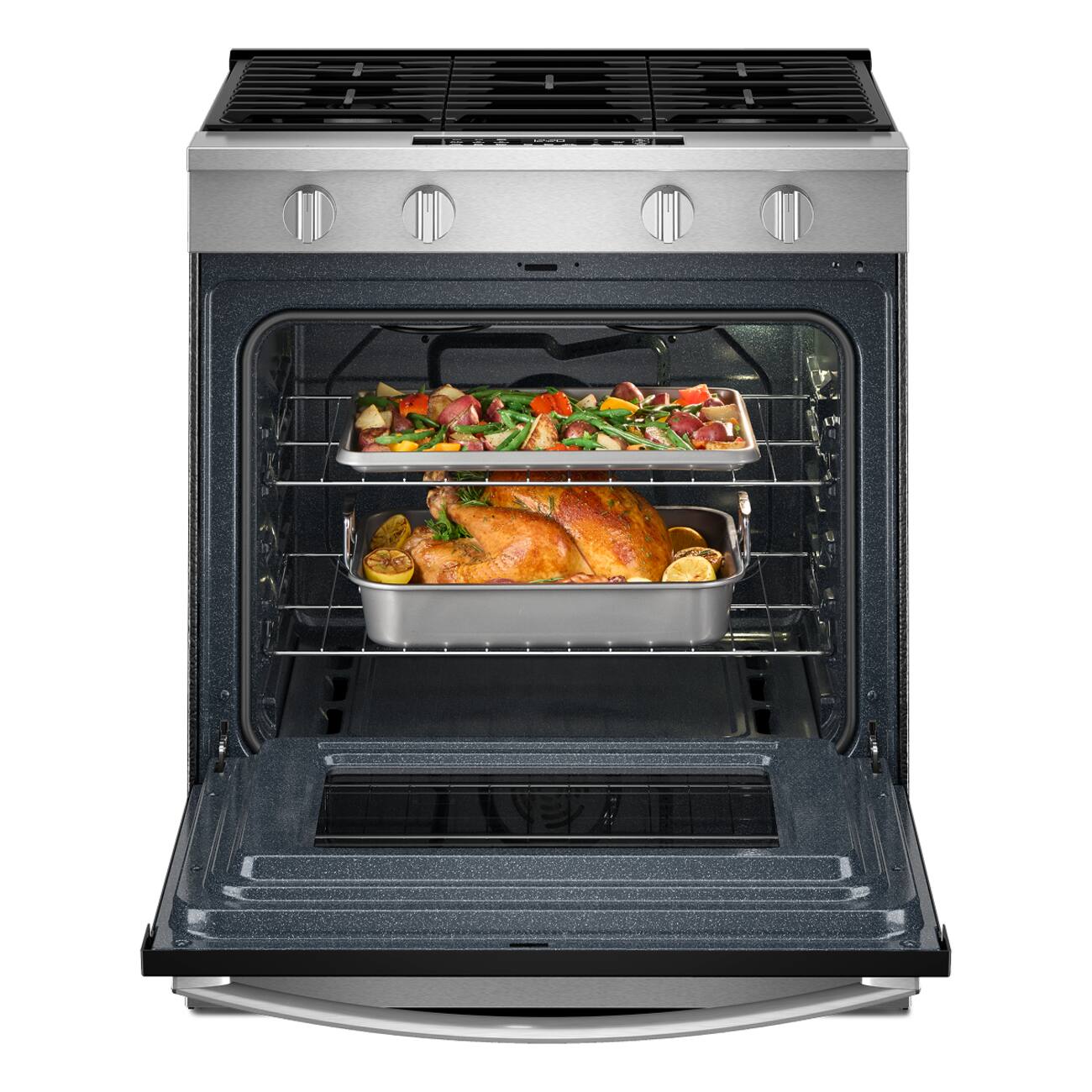 Alt View 8. Whirlpool - 30 in. Wide 4 burners 5.0 cu. ft. Smart Freestanding Slide-In Gas Range with Air Cooking Technology and Steam Clean - Stainless Steel.