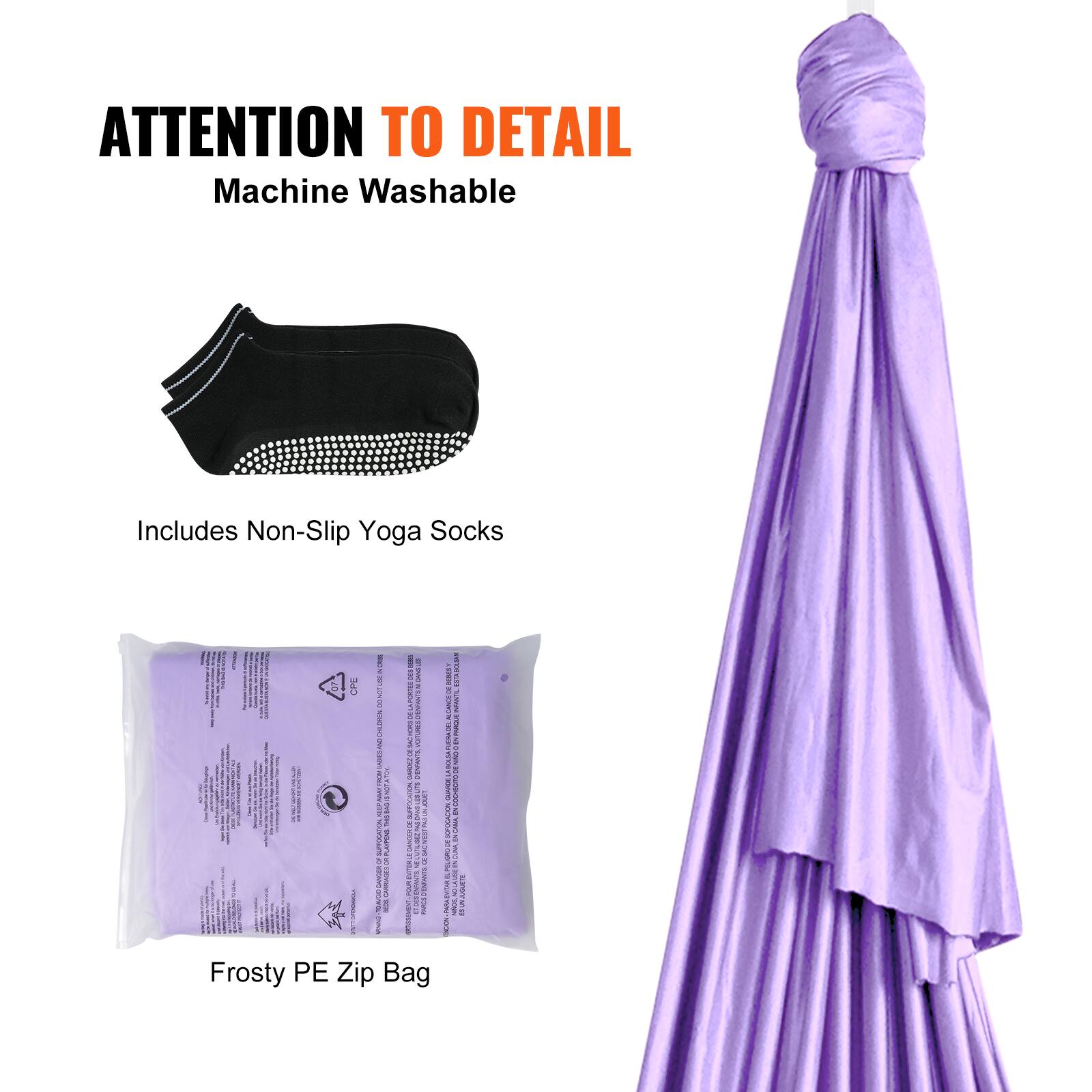 ATTENTION TO DETAIL  
Machine Washable  

Includes Non-Slip Yoga Socks  

Frosty PE Zip Bag