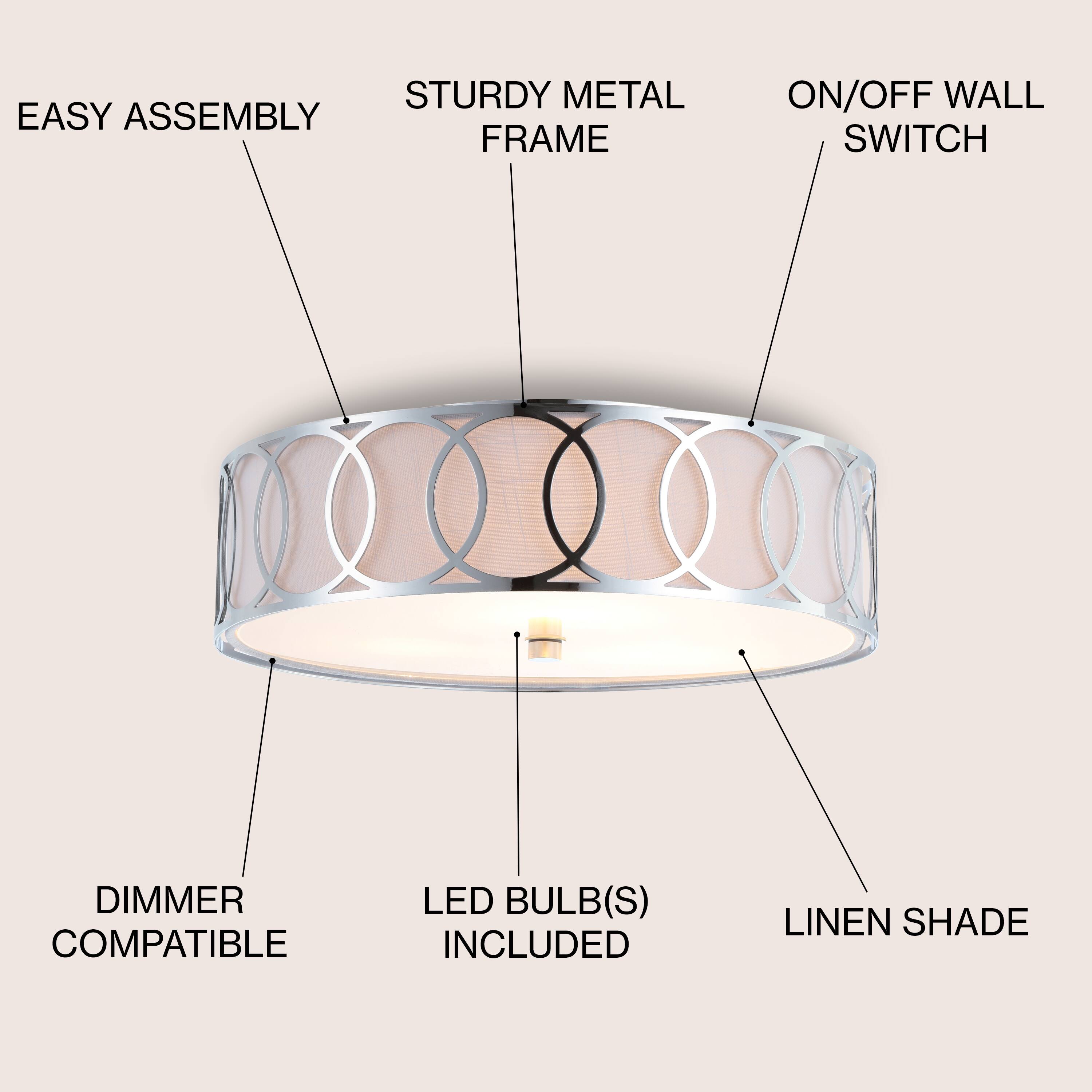 - Easy Assembly
- Sturdy Metal Frame
- On/Off Wall Switch
- Dimmer Compatible
- LED Bulb(s) Included
- Linen Shade