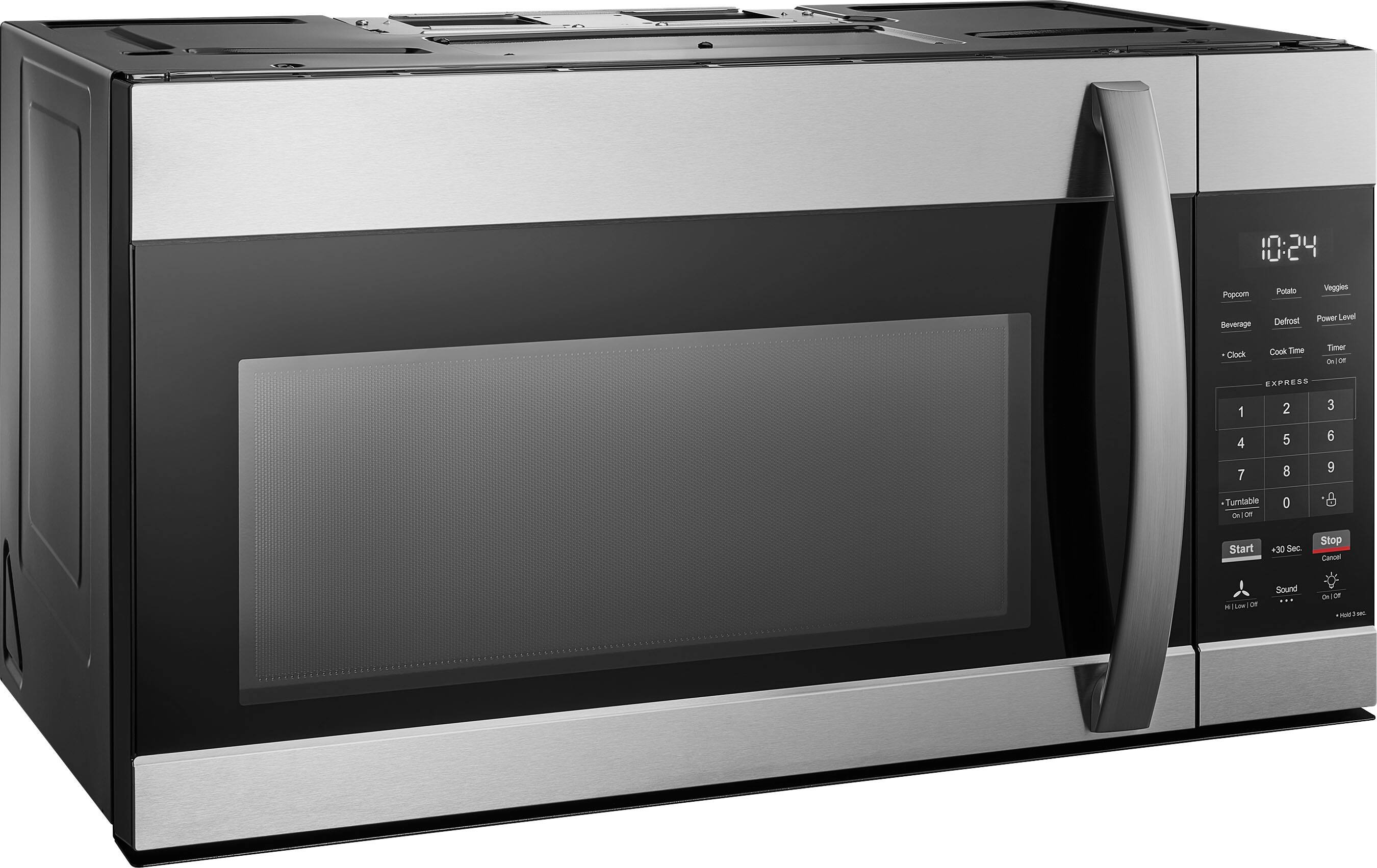 10:24  
Popcorn Potato Veggies Beverage Defrost Power Level Clock Cook Time Timer  
GnlO EXPRESS  
1 2 3 4 5 6 7 8 9 0  
Turntable On/Off  
Start +30 Sec Stop Cancel  
4 Los O Sound - on - off  
Hi Low (Off)