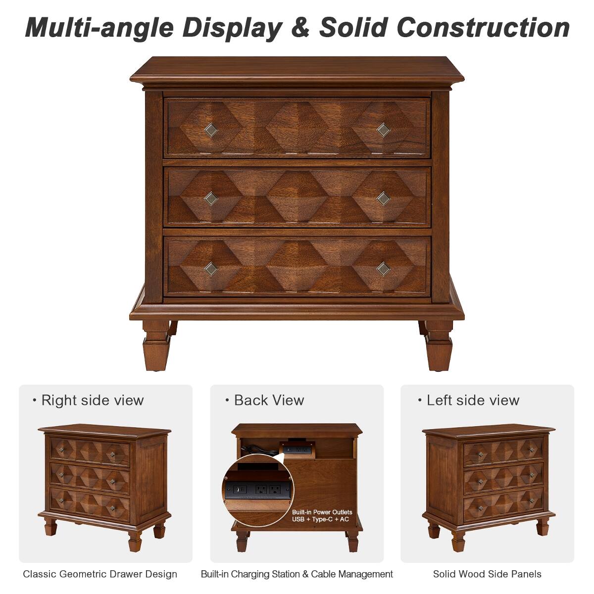 Multi-angle Display & Solid Construction

- Right side view
- Back View
- Left side view

Classic Geometric Drawer Design

Built-in Charging Station & Cable Management

Solid Wood Side Panels

Buit-in Power Outlets USB + Type-C + AC