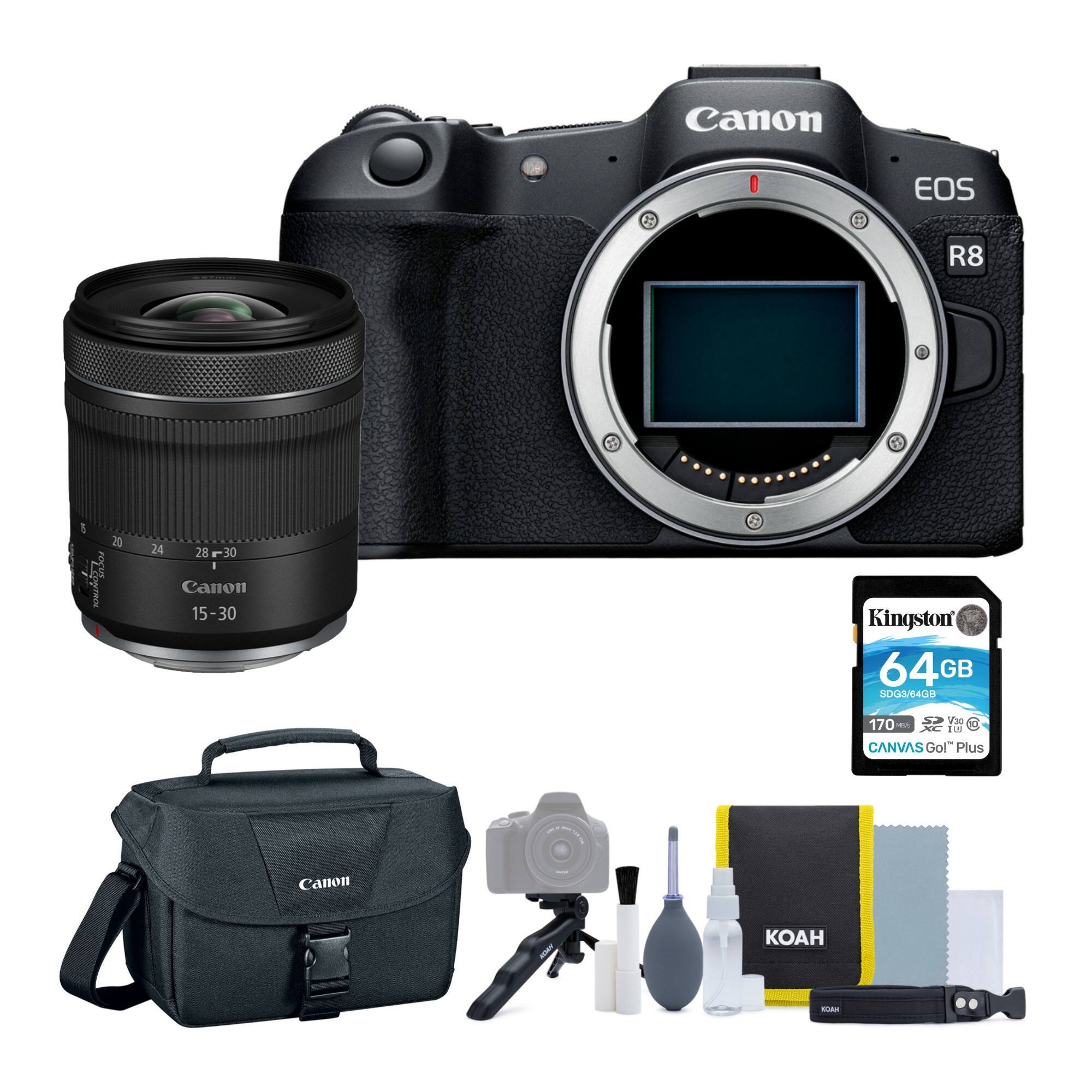 Canon EOS R8
Canon 15-30
Kingston 64GB SDHC/SDXC UHS-I CANVAS Go! Plus
Canon Bag
Canon Lens Cap
Cleaning Kit (including brush, cloth, and solution)
KOAH Cleaning Kit