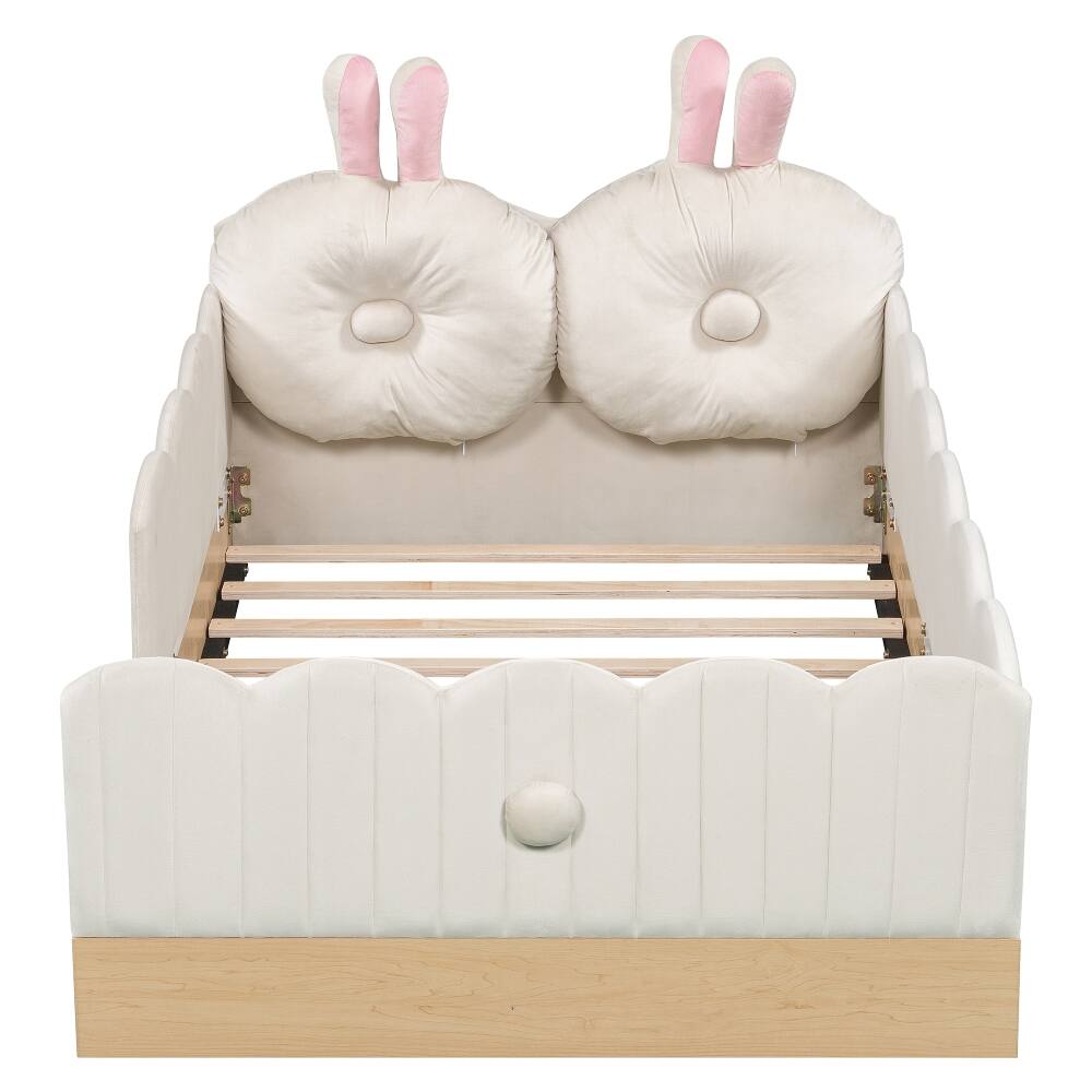 Alt View 8. Loheer - Loheer Twin Size Upholstered Platform Bed Beige Velvet Kids Bed with Storage Bags Animal Pillows No Box Spring Required - Beige.