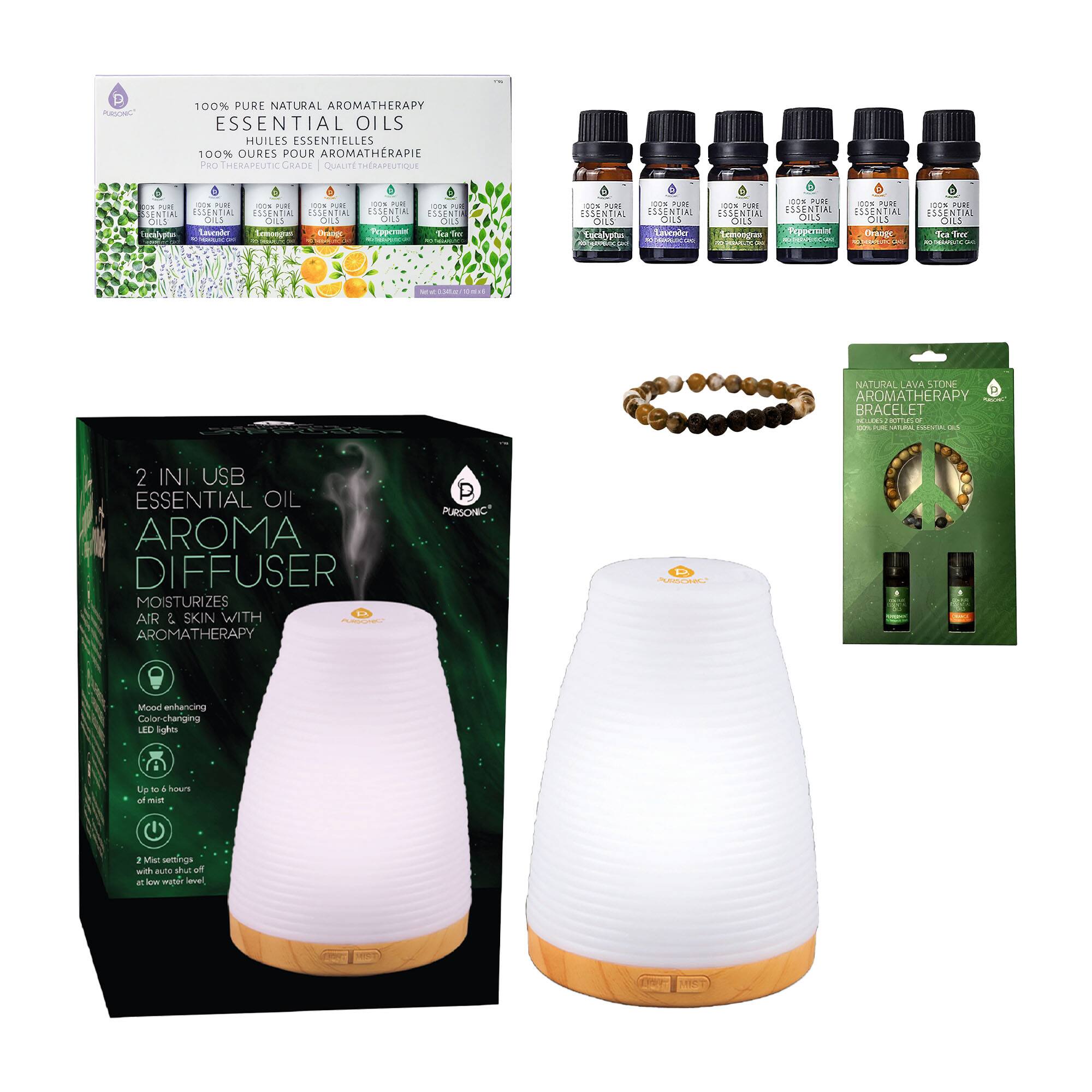 Pursonic - Essential Oils Wellness Bundle – Includes Lava Stone Bracelet, 2-in-1 USB Diffuser, and 6-Pack of 100% Pure Aro - Multicolor