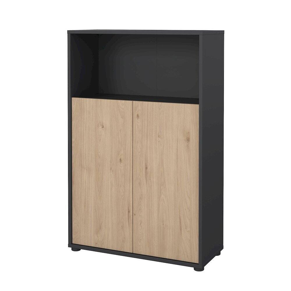 Front. FurniFact - Bookcase with 3 Shelves and 2 Doors for Home or Office Storage - Gray.