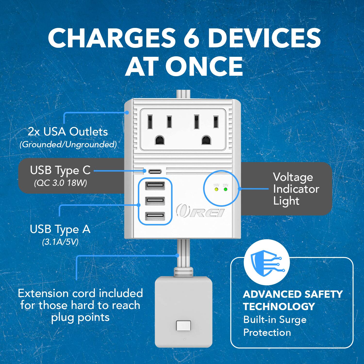 CHARGES 6 DEVICES AT ONCE

- 2x USA Outlets (Grounded/Ungrounded)
- USB Type C (QC 3.0 18W)
- USB Type A (3.1A/5V)
- Voltage Indicator Light
- Extension cord included for those hard to reach plug points
- ADVANCED SAFETY TECHNOLOGY
- Built-in Surge Protection