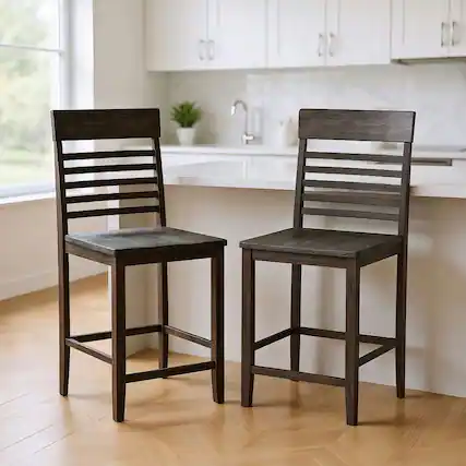 Front. Kadyn - Set of 2 Dining Chairs with Built-In Footrests and Solid Wood Frame, Gray Upholstery - Gray.