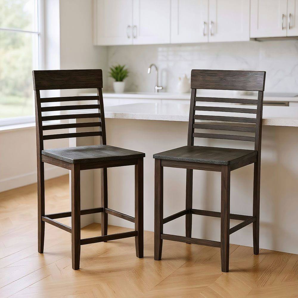 Front. Kadyn - Set of 2 Dining Chairs with Built-In Footrests and Solid Wood Frame, Gray Upholstery - Gray.