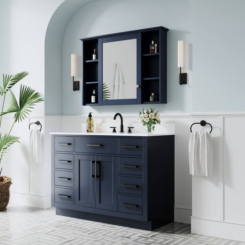 Angle. WELLFOR - 48 in Solid Wood Bathroom Vanity with Sink,2 Soft-Close Doors,9 Drawers& Cultured Marble Countertop,Matte Black Handle - Navy Blue.
