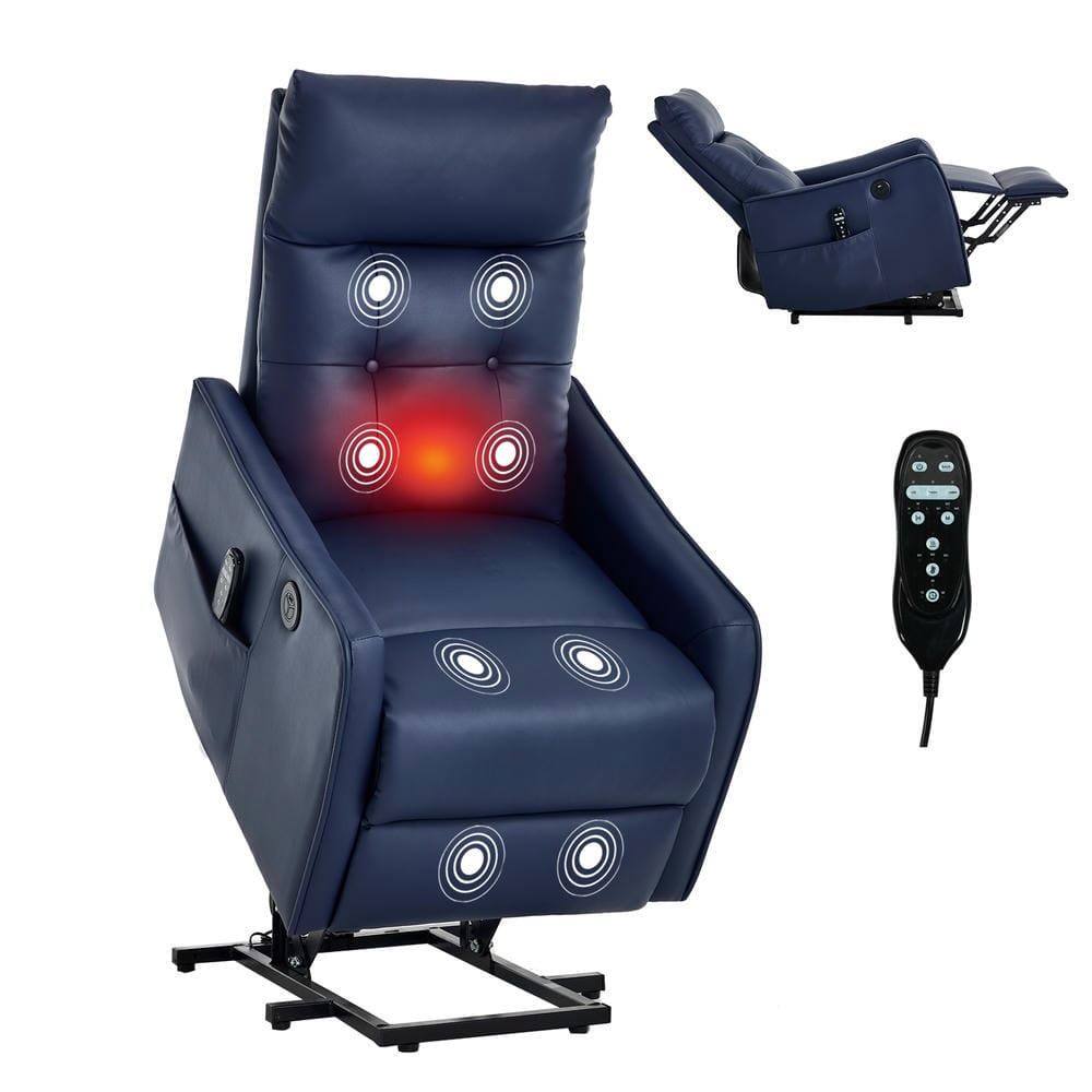 Angle. Kadyn - Power Lift Recliner Chair, Single Motor Massage & Heat, USB Port, 155° Recline, PU Leather, Blue - Blue.