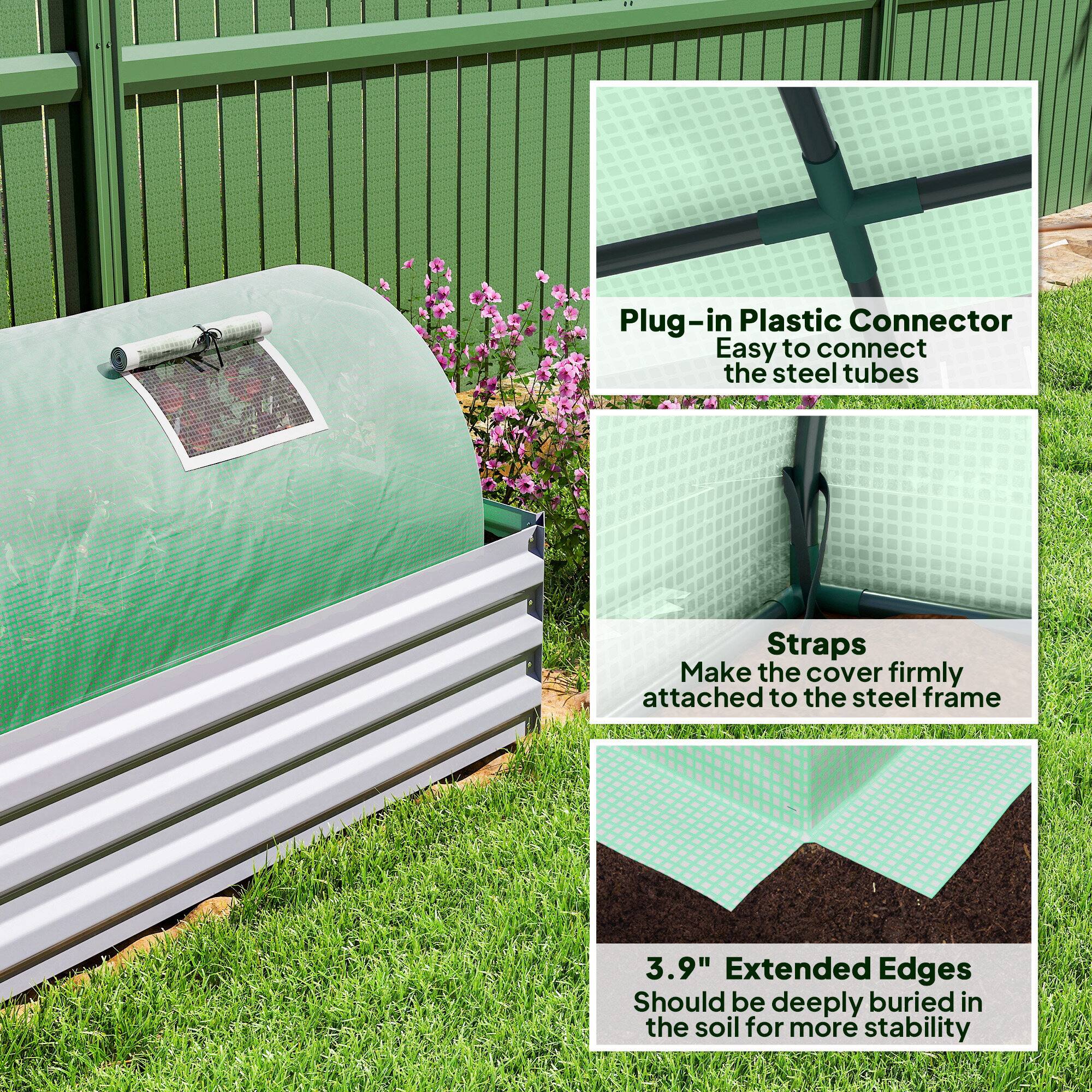 Plug-in Plastic Connector  
Easy to connect the steel tubes  

Straps  
Make the cover firmly attached to the steel frame  

3.9" Extended Edges  
Should be deeply buried in the soil for more stability