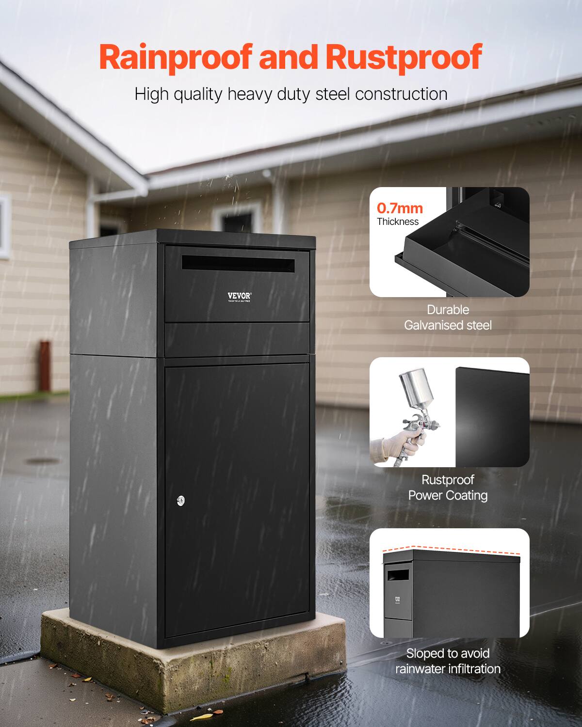 Rainproof and Rustproof
High quality heavy duty steel construction
0.7mm Thickness
VEVOR
Durable Galvanised steel
Rustproof Power Coating
Sloped to avoid rainwater infiltration