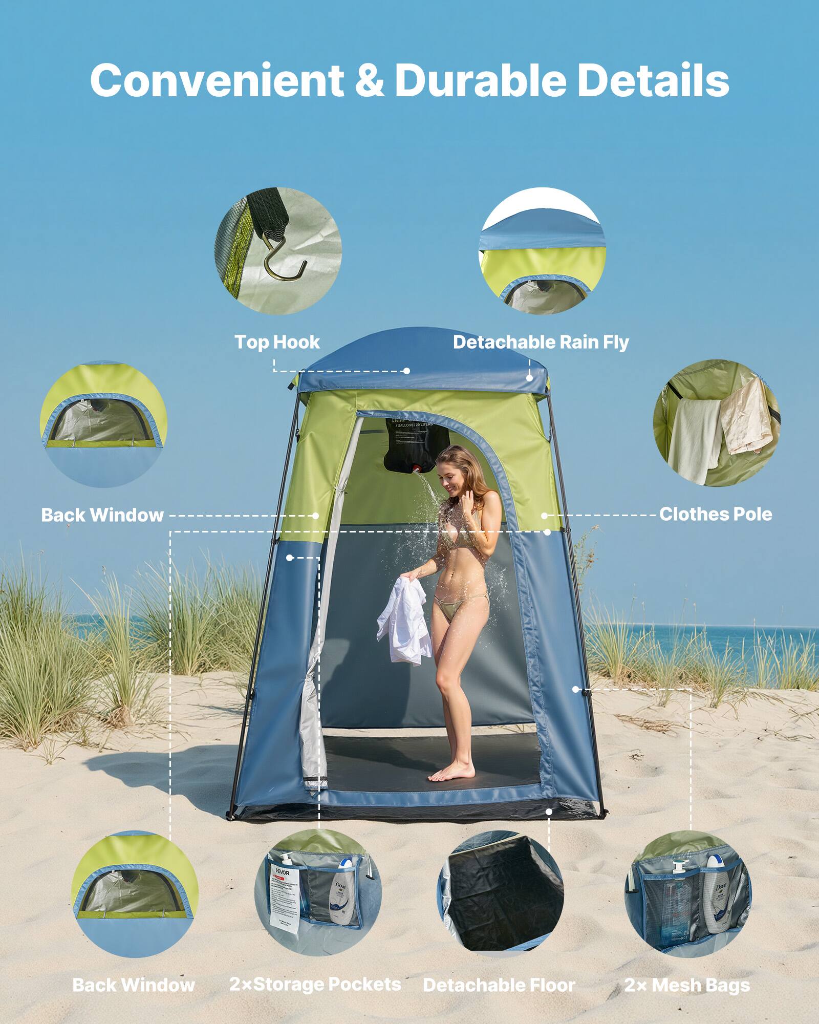 Convenient & Durable Details

- Top Hook
- Detachable Rain Fly
- Back Window
- Clothes Pole
- 2x Storage Pockets
- Detachable Floor
- 2x Mesh Bags