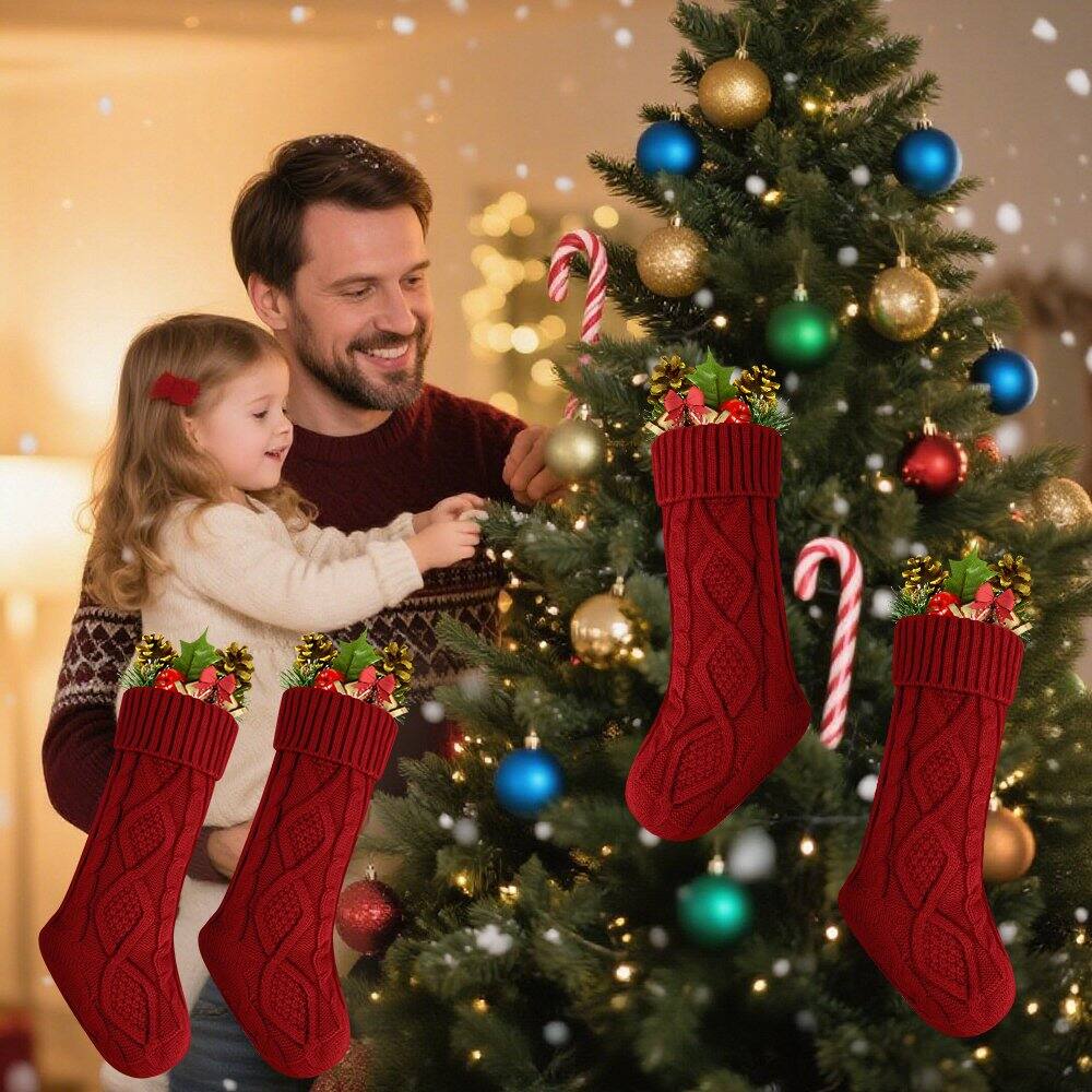 Alt View 1. MOVSSOU - 4 Pack Christmas Stockings, Knitted Stocking for Holiday Christmas Party Family Decorations - Red.