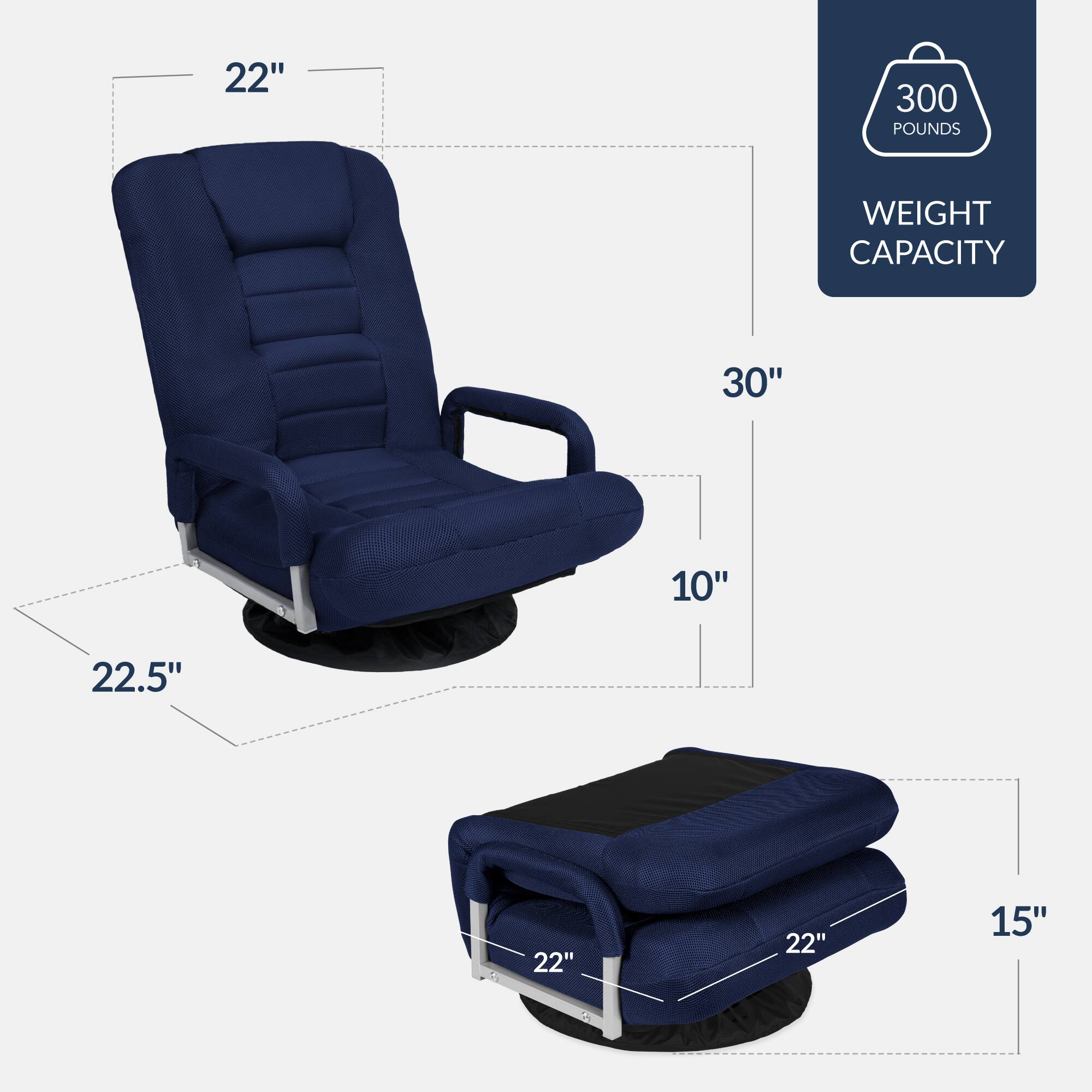 - 22" (width)
- 30" (depth)
- 10" (height)
- 22.5" (seat width)
- 15" (footrest width)
- 22" (footrest depth)
- 300 pounds weight capacity