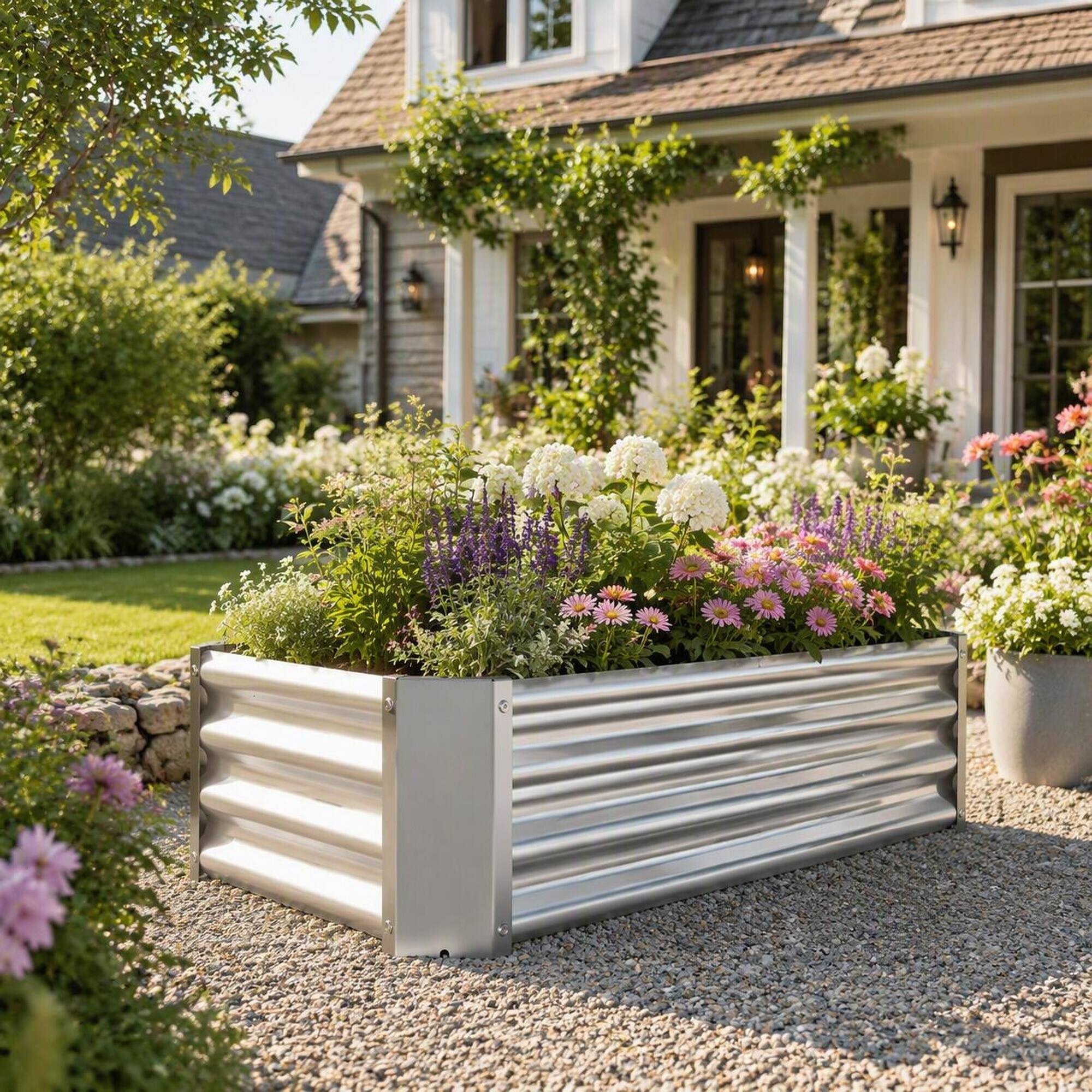 Back. RYHNUYNE - Silver Metal Rectangular Raised Garden Bed 2 Pack, 4x2x1 ft Galvanized Planter Box for Vegetables Flowers Herbs - Silver.