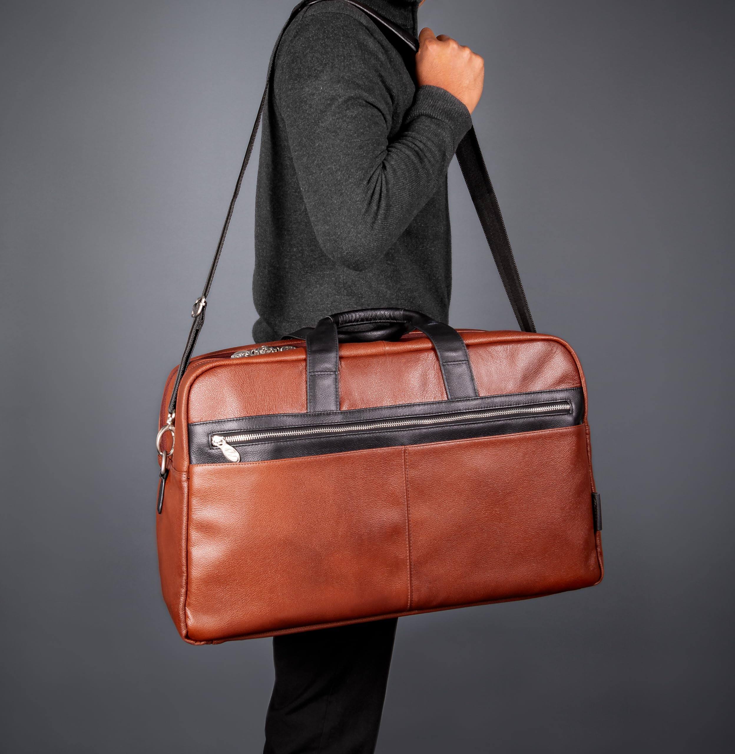 Alt View 2. McKlein - 21" Leather Duffel Bag Pebble Grain Calfskin Dual-Compartment Laptop Tablet Travel Weekender Overnight Crossbody - Brown.