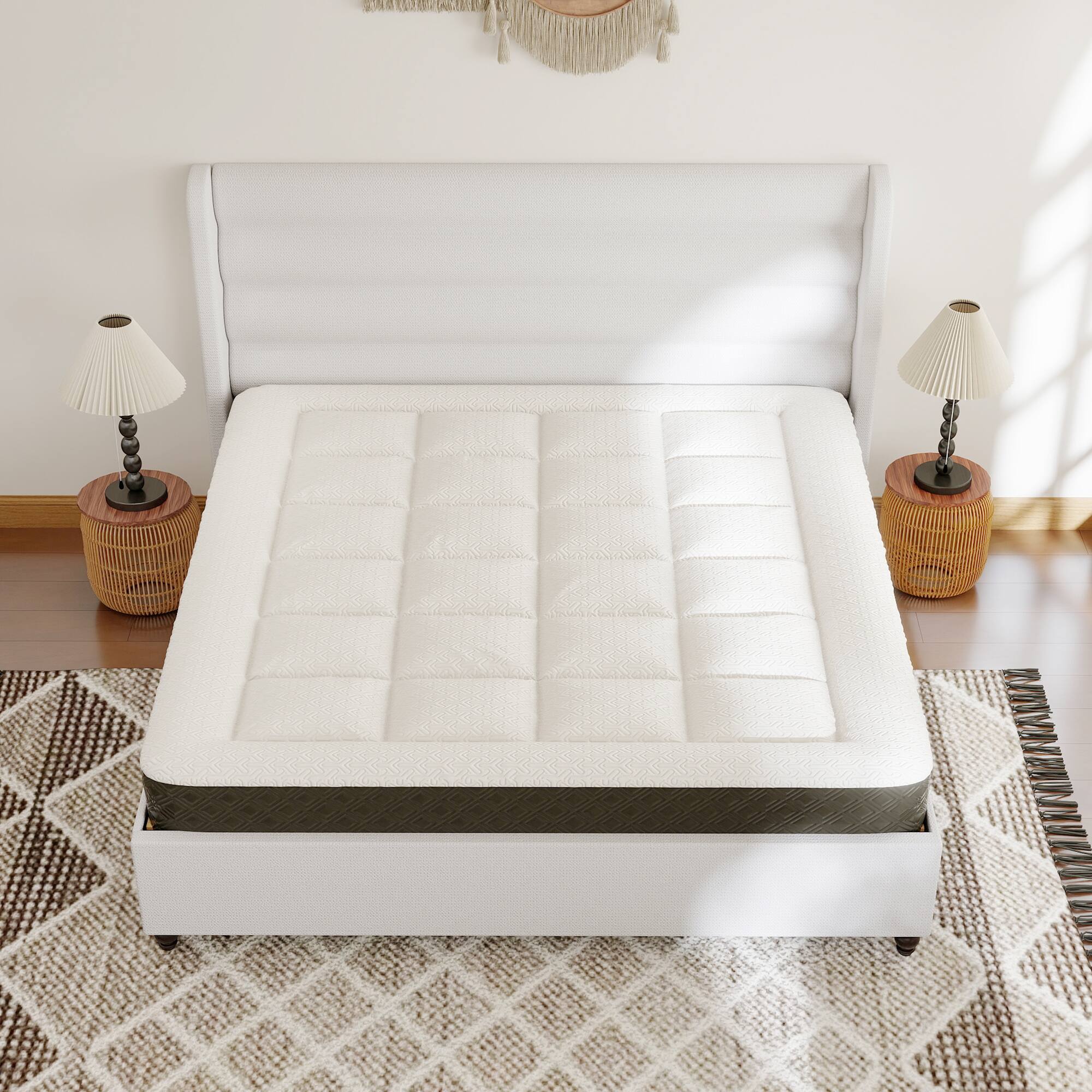 Brick Attic - Solid Wood Slat Bed with Gourd-Shaped Legs,Minimalist Striped Headboard, Elevated Base for Airflow, No Box Spring Needed - White