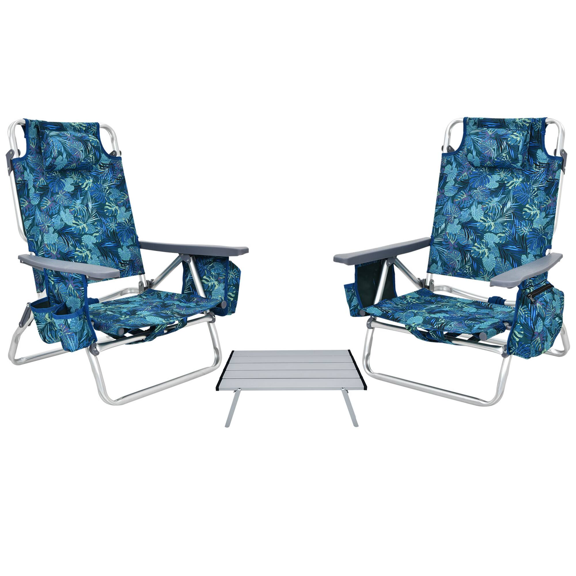 Alt View 1. Gymax - Gymax 3PCS Folding Beach Chair & Table Set Adjustable Outdoor Reclining Chair - Blue.