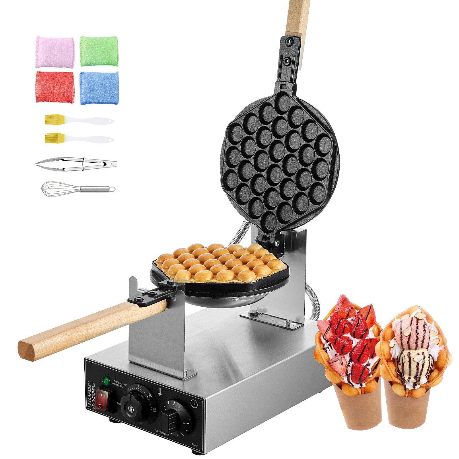 Glintex - Commercial Bubble Waffle Maker, 1400W Egg Waffle Machine, Nonstick Stainless Steel, 180° Rotating, Temp & Timer - Silver
