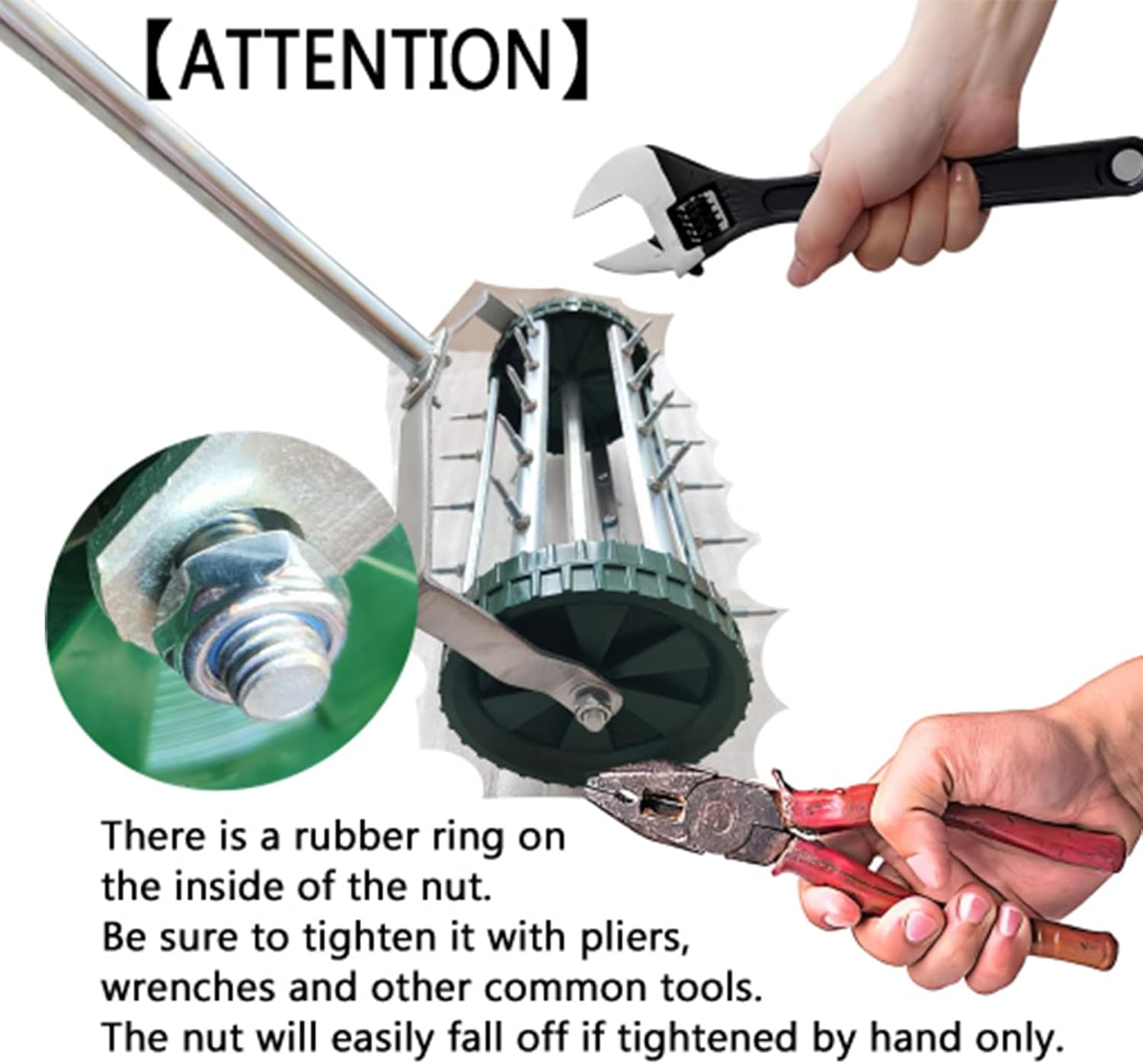 ATTENTION: There is a rubber ring on the inside of the nut. Be sure to tighten it with pliers, wrenches, and other common tools. The nut will easily fall off if tightened by hand only.