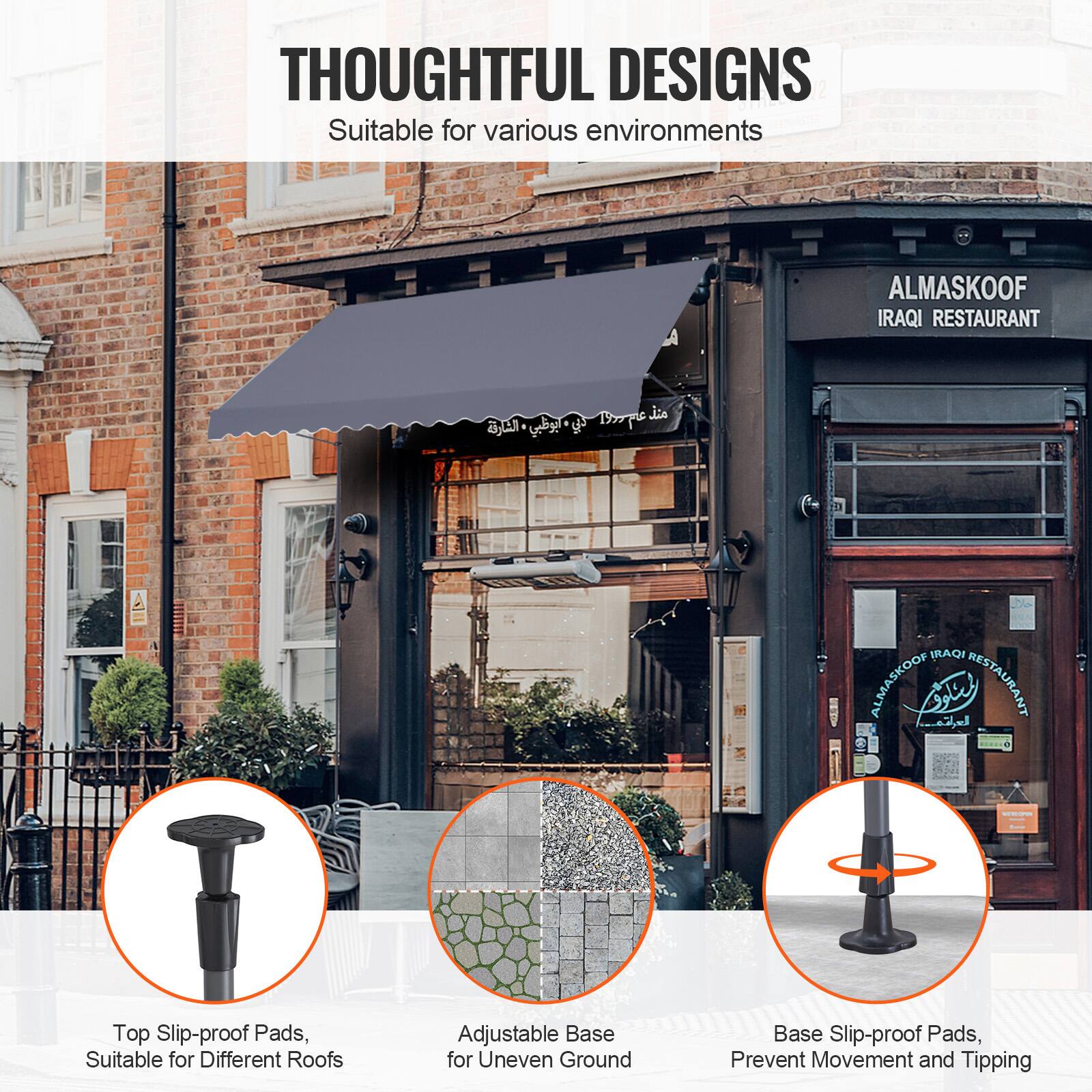 THOUGHTFUL DESIGNS Suitable for various environments

ALMASKOOF IRAQI RESTAURANT

Top Slip-proof Pads, Suitable for Different Roofs

Adjustable Base for Uneven Ground

Base Slip-proof Pads, Prevent Movement and Tipping