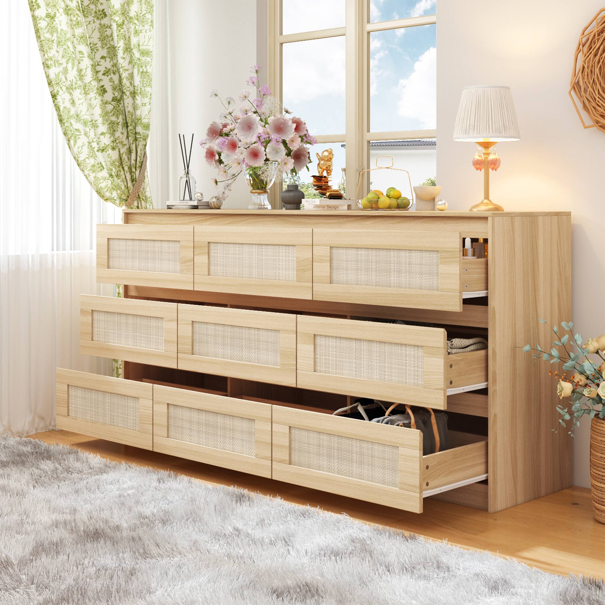 Alt View 2. Famapy - Famapy Rattan - Accented Dresser: Natural Wood - Style, Silent Slides, Multi - Scene Storage - Wooden.