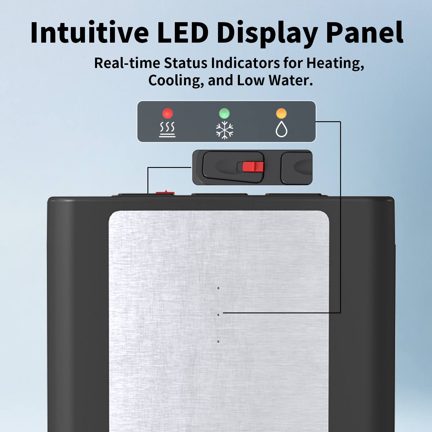 Intuitive LED Display Panel  
Real-time Status Indicators for Heating, Cooling, and Low Water.