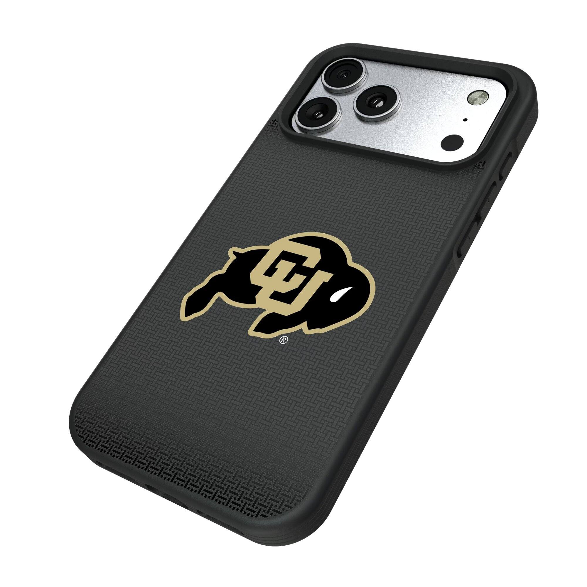 Alt View 1. Keyscaper - Colorado Buffaloes Linen Logo iPhone Bump Case - 15 Pro - Black.