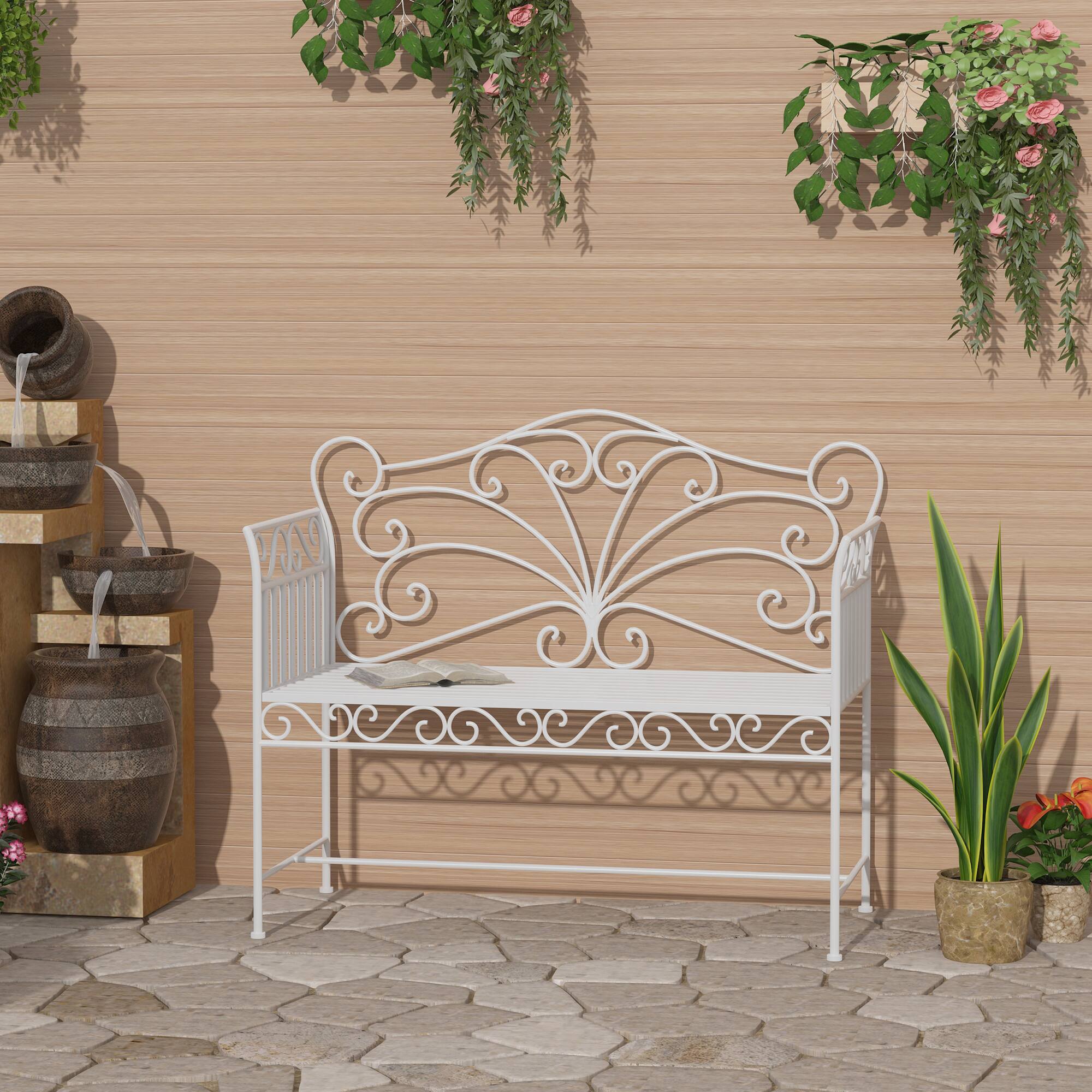 Alt View 5. AOOLIVE - Outsunny 43" Garden Bench, Outdoor Patio Bench with Armrests, Metal Porch Bench for Backyard, Poolside,Lawn,Cream White - White.