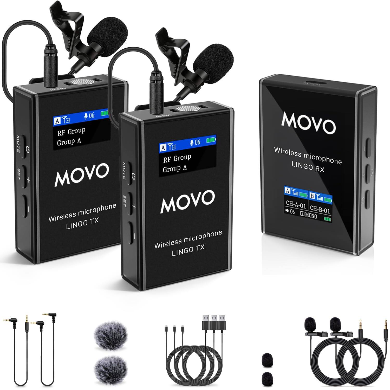 MOVO Wireless microphone LINGO TX  
RF Group A  
06  

MOVO Wireless microphone LINGO TX  
RF Group A  
06  

MOVO Wireless microphone LINGO RX  
CH-A-01 CH-B-01  
06 MONO  

MUTE SET G  
A TH  
RF Group Group A  

MUTE SET G  
A TH  
RF Group Group A  

CH-A-01 + 06  
CH-B-01  

MONO