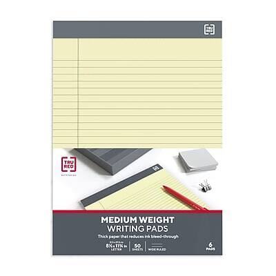 TRU RED  
MEDIUM WEIGHT WRITING PADS  
Thick paper that reduces ink bleed-through  
8% 1/16"  
50 SHEETS  
6 PADS  
BULED
