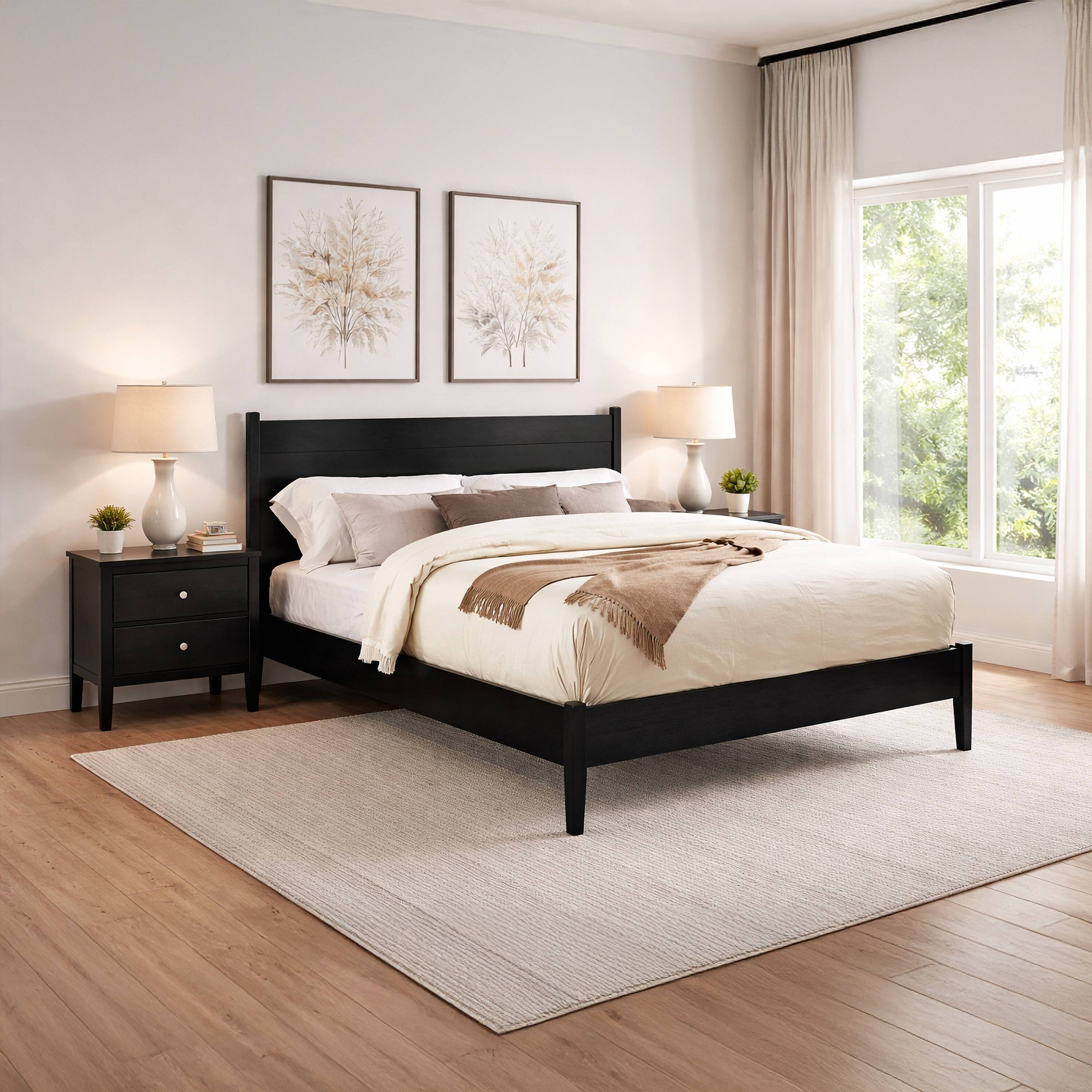 Alt View 6. Manhattan Lane - Wooden Eastern King Size Bed with Panel Headboard, Black - Black.