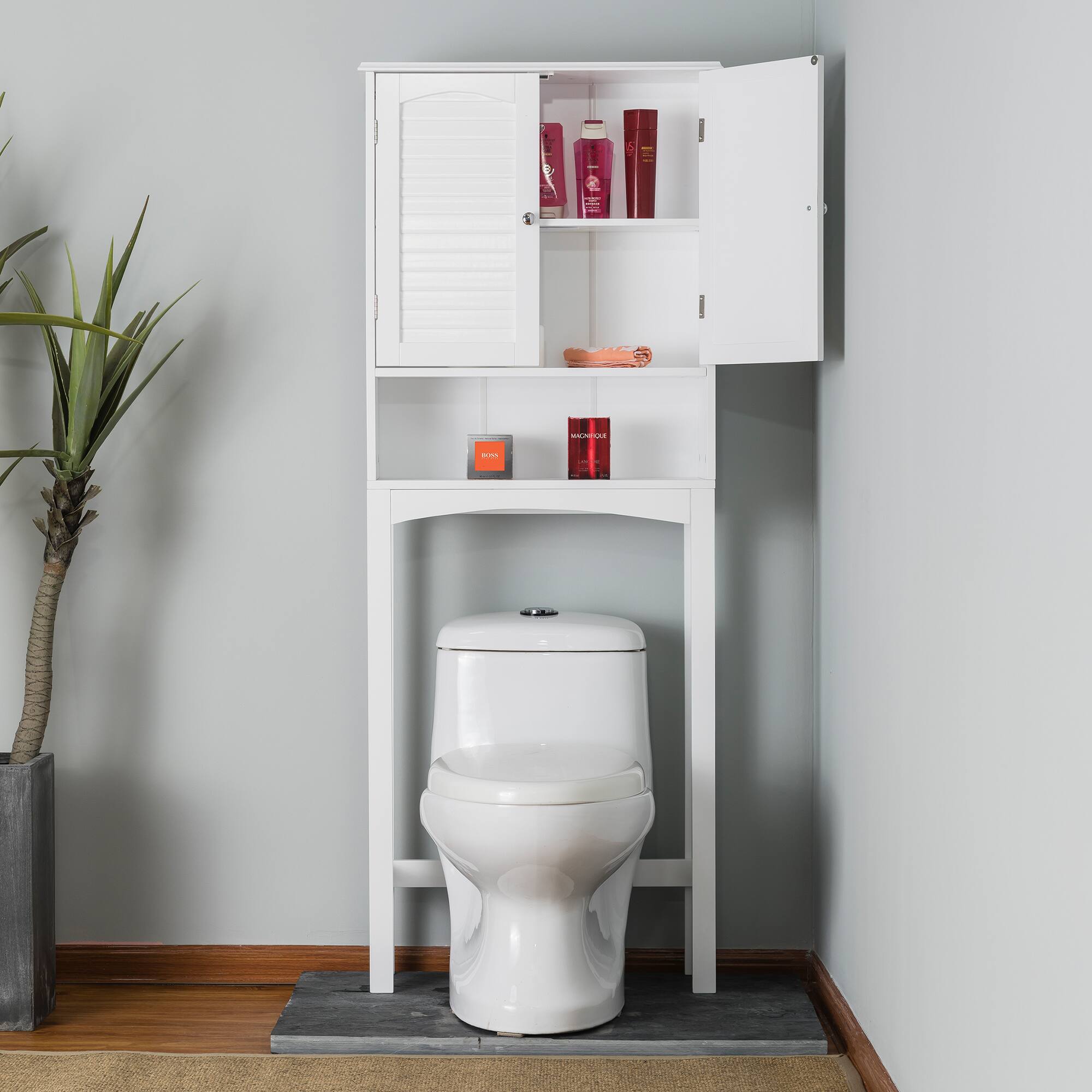 Angle. Teamson Home - Louis Over-the-Toilet Cabinet with Fixed Exterior Shelf - White.