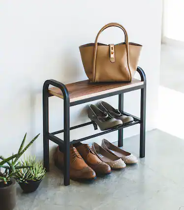 Front. Yamazaki Home - Shoe Organizer & Bench (18" H) - Steel + Wood - Black.