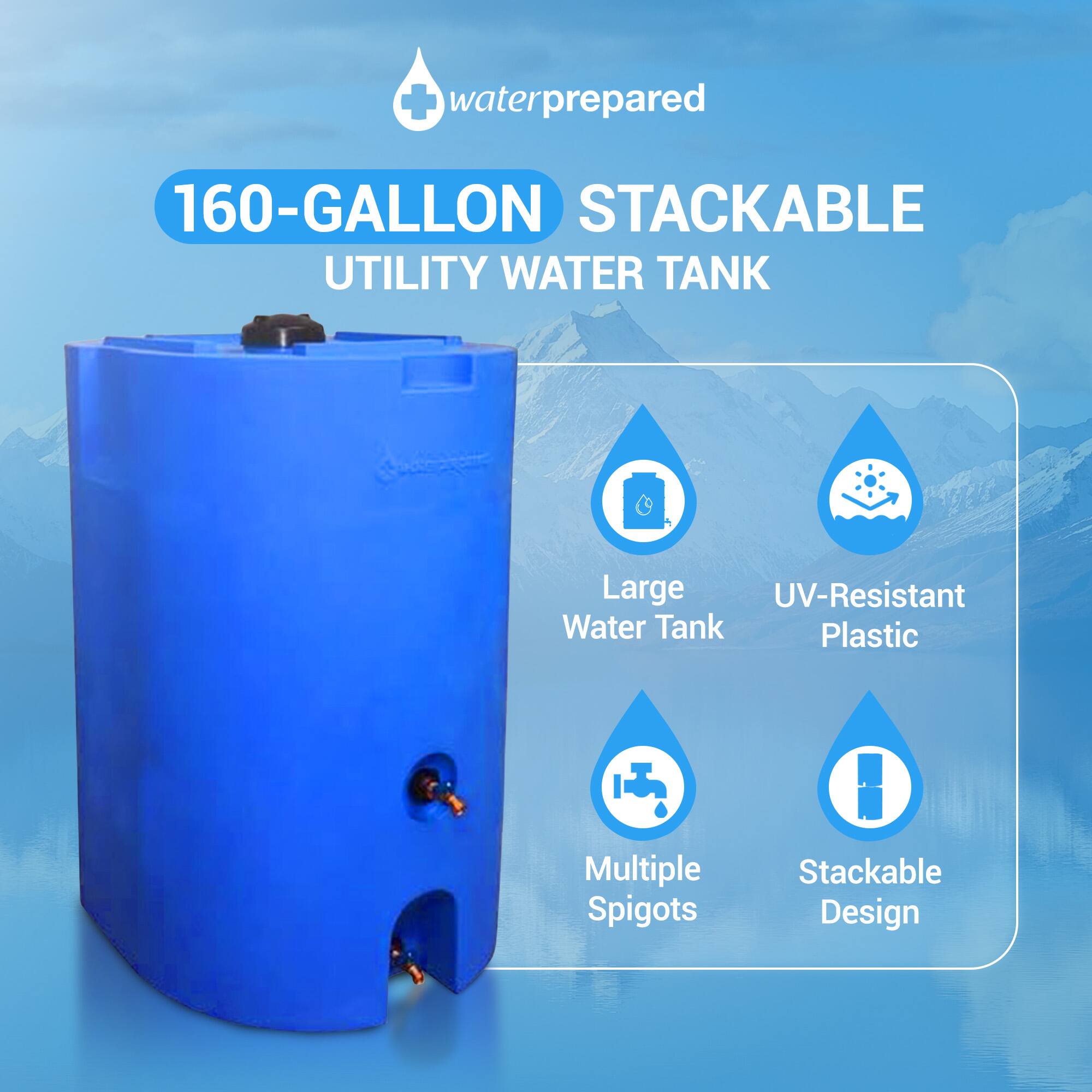 160-GALLON STACKABLE UTILITY WATER TANK

- Large Water Tank
- UV-Resistant Plastic
- Multiple Spigots
- Stackable Design