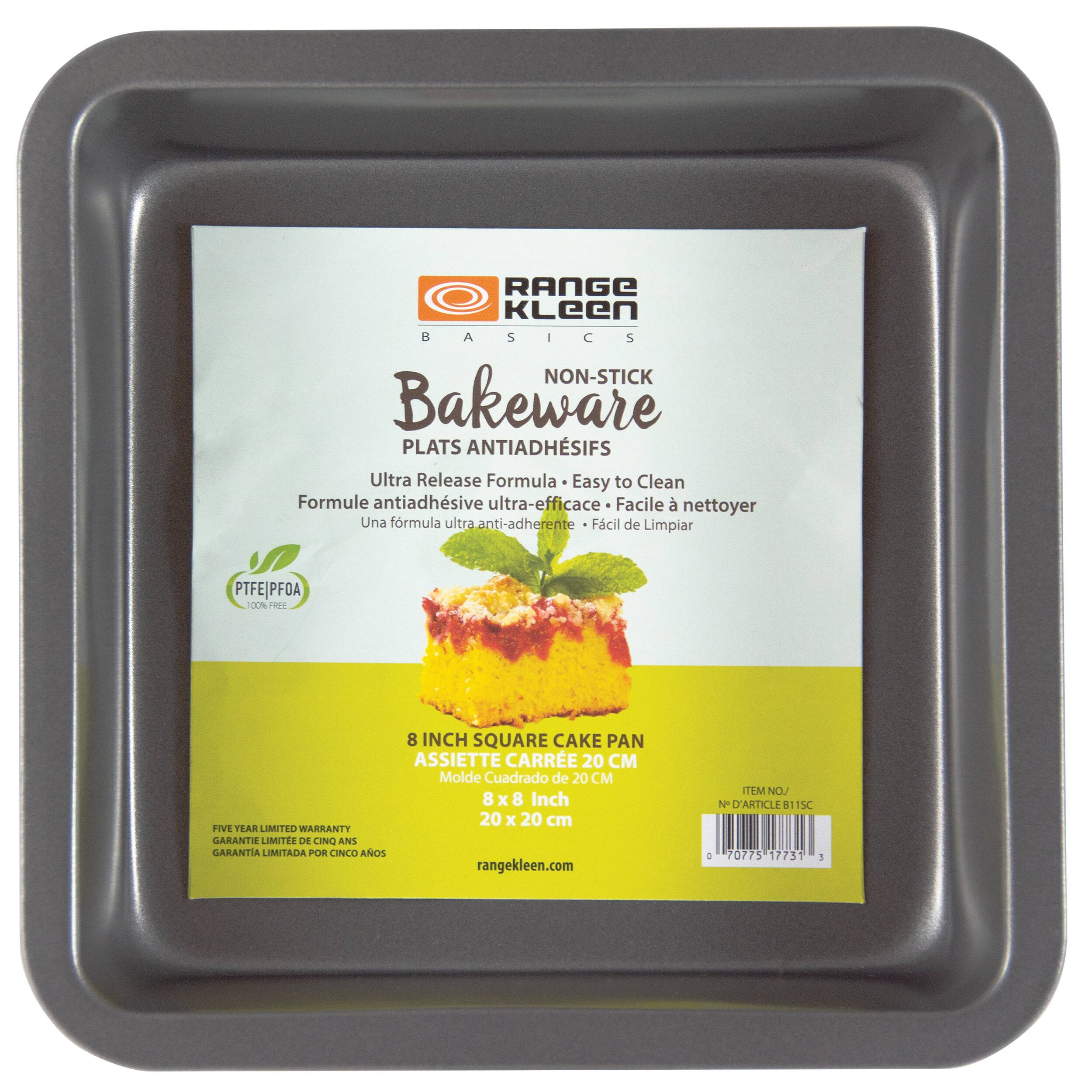 RANGE KLEEN BASICS NON-STICK Bakeware PLATS ANTIADHSIFS Ultra Release Formula Easy to Clean Formule antiadhsive ultra-efficace Facile nettoyer Una frmula ultra anti-adherente Fcil de Limpiar PTFE|PFOA 00% POT 8 INCH SQUARE CAKE PAN ASSIETTE CARRE 20 CM Molde Cuadrado de 20 CM 8 x 8 Inch 20 x 20 cm FIVE YEAR LIMITED WARRANTY GARANTIE LIMITEE DE CINO ANS GARANTIA LIMITADA POR CINCO AÑOS rangekleen.com : ITEM NO/ N° D'ARTICLE 115C 70775 17731 1