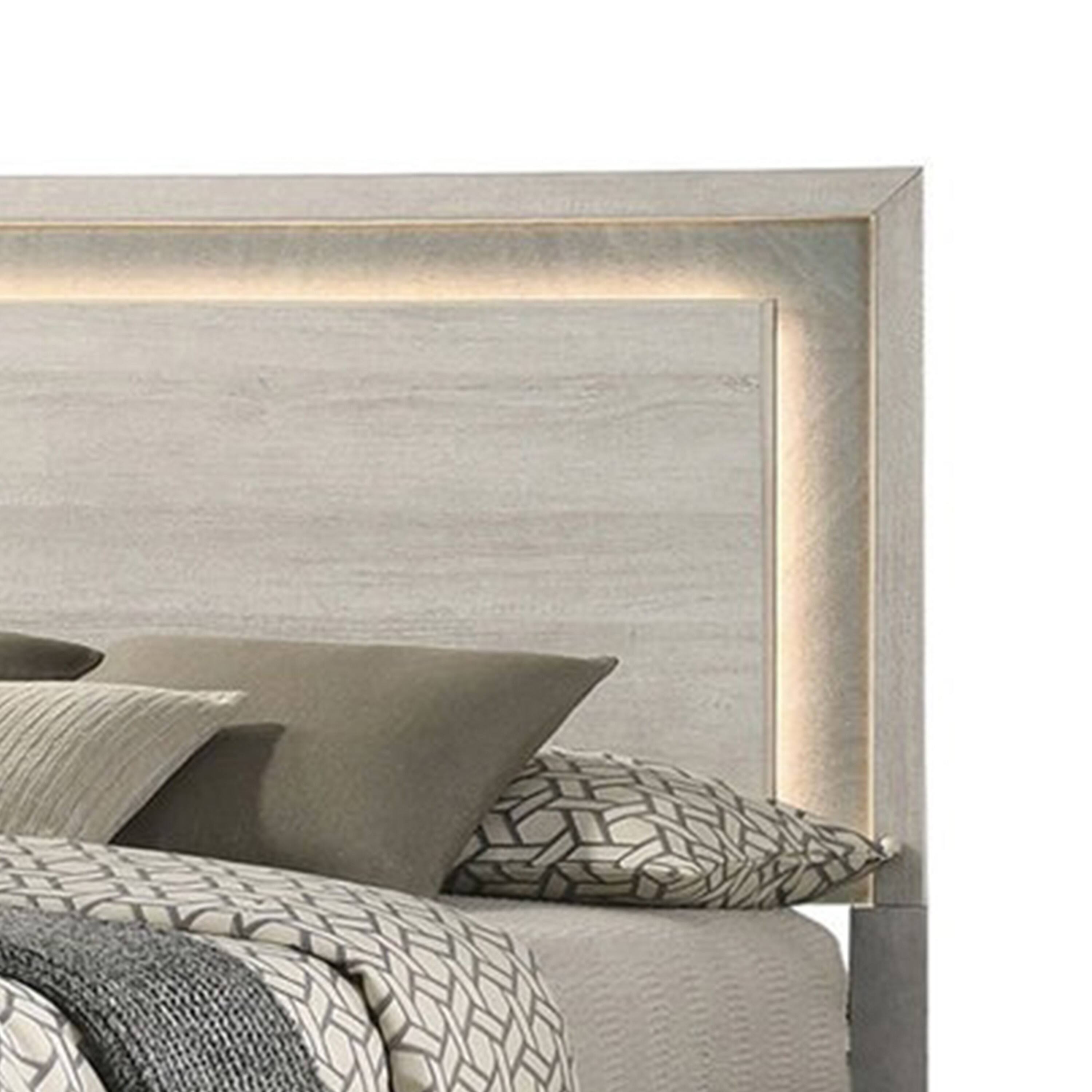 Alt View 2. Manhattan Lane - Nomi Queen Size Bed w LED on Headboard, Antique White Wash Finsih - White Wash, Stone Gray.