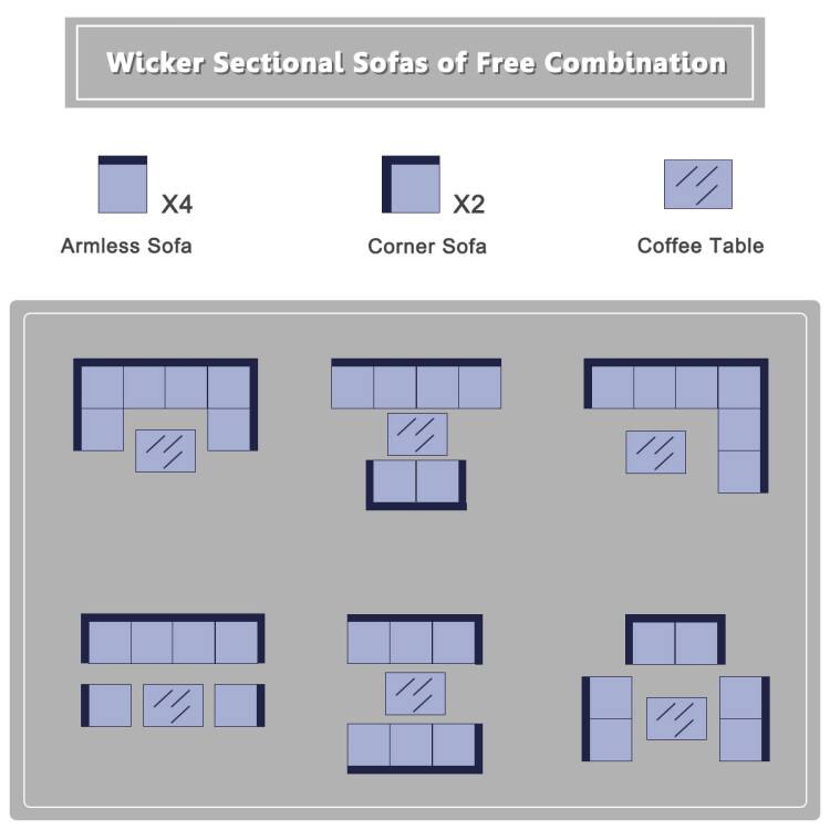 Wicker Sectional Sofas of Free Combination

- Armless Sofa X4
- Corner Sofa X2
- Coffee Table