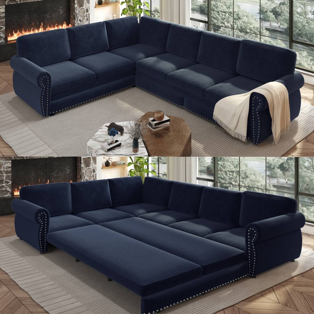 Front. Anysun - 118" Convertible Chenille Upholstered L-Shaped Sofa Couch with Nailhead Trim & Rolled Arms for Living Room, Office - Blue.