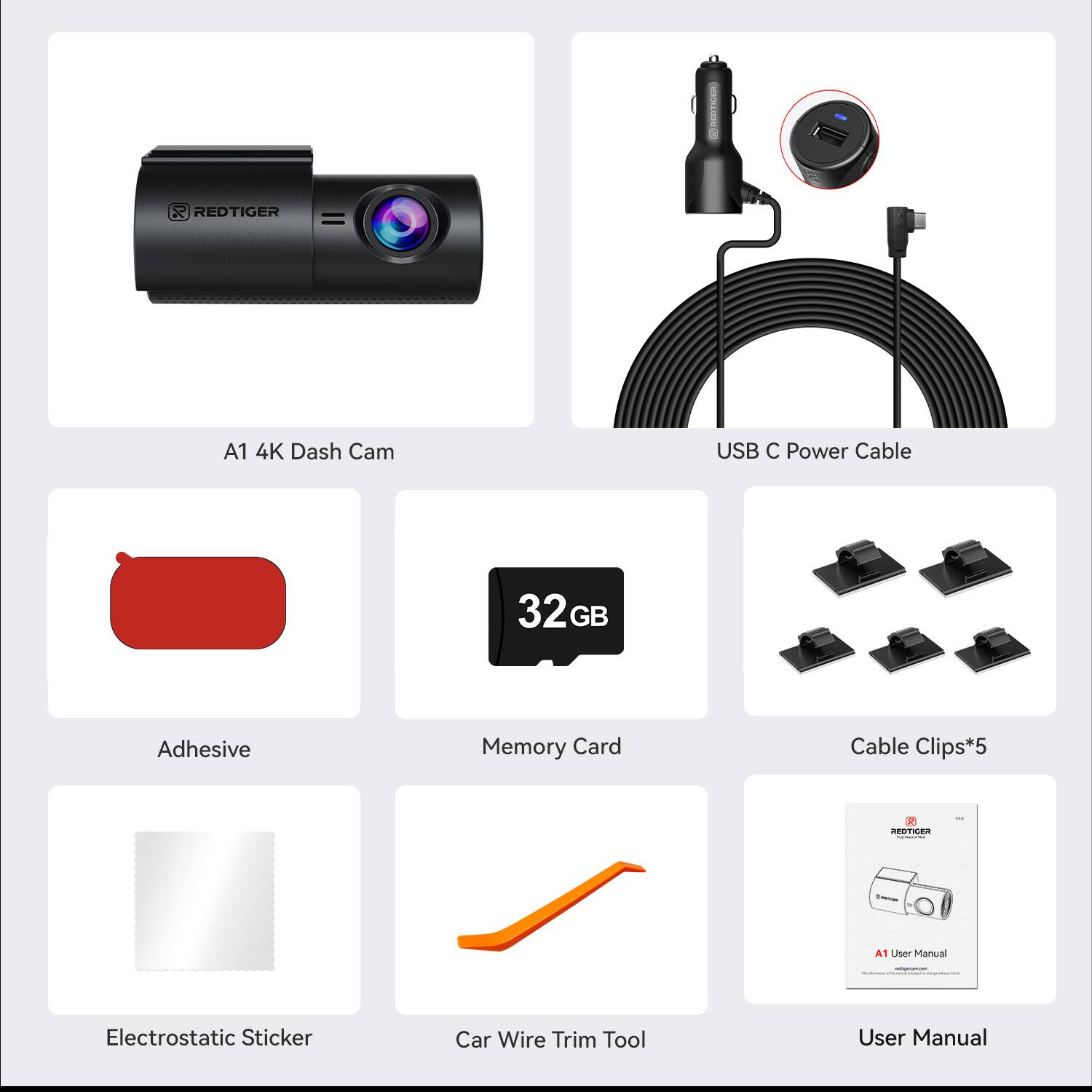 K REDTIGER A1 4K Dash Cam USB C Power Cable 32GB Adhesive Memory Card Cable Clips*5 - 20T A1 User Manual Electrostatic Sticker Car Wire Trim Tool User Manual