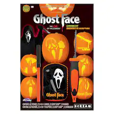 Adult Supervision Required for Decoration Only Not los PUMPKIN S+ La Supervision D'Un Adulte Est Requise Pal D'ecolabon Uniguement hat U loae PRO Ghost face THE ICON CARVING KIT OF HALLOWEEN* ENSEMBLE DE SCULPTURE CHEST FACE LIVES Ghost Face host Face fun World CONTENTS: (6) STENCILS, (1) 4-IN-1 CARVER, (1) GOOP SCOOP (1) MARKER CONTENU: (6) POCHOIRS, (1) 4-EN-1 SCULPTEUR, (1) GOOP SCOOPTM (1) MARQUEUR SCREAM