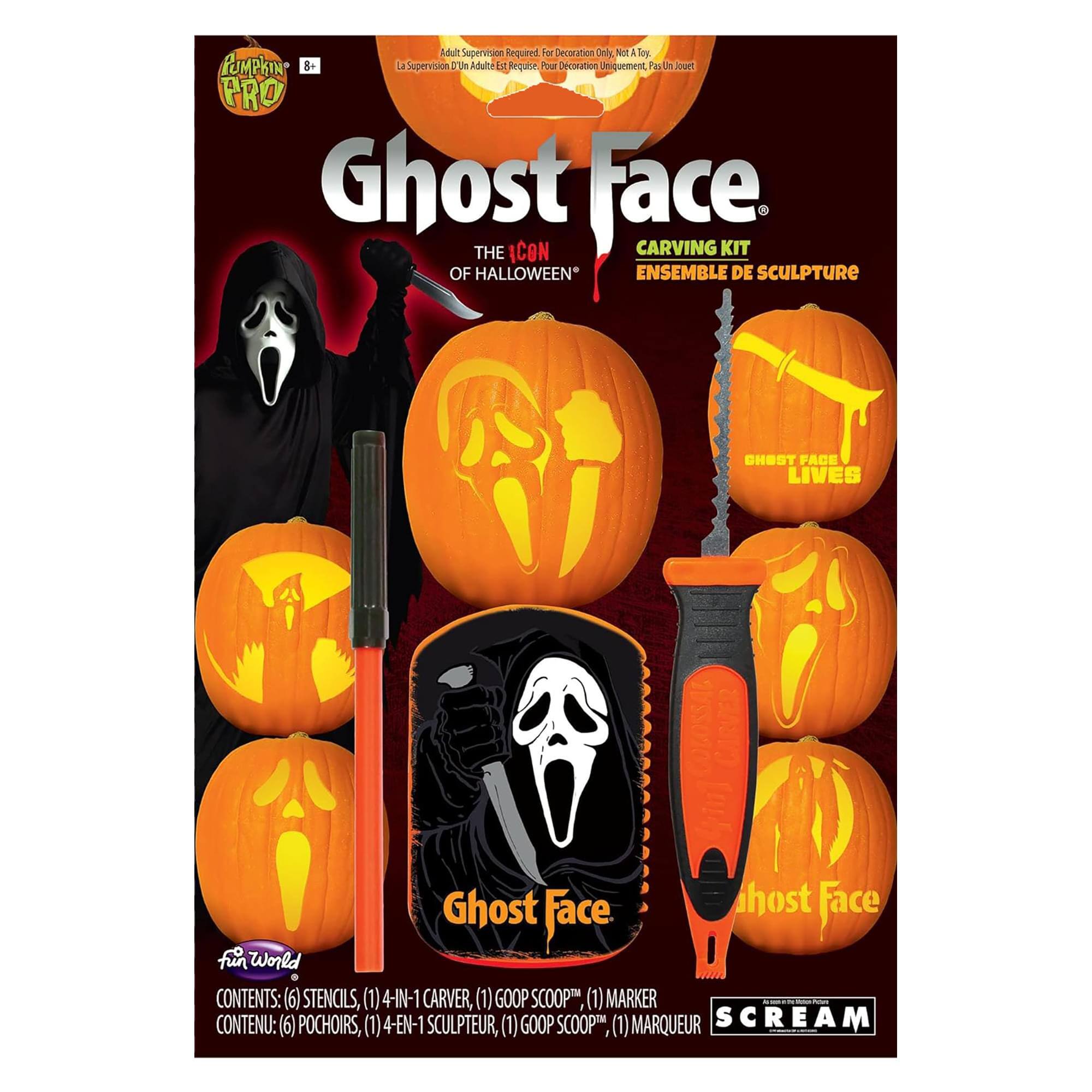 Adult Supervision Required for Decoration Only Not los PUMPKIN S+ La Supervision D'Un Adulte Est Requise Pal D'ecolabon Uniguement hat U loae PRO Ghost face THE ICON CARVING KIT OF HALLOWEEN* ENSEMBLE DE SCULPTURE CHEST FACE LIVES Ghost Face host Face fun World CONTENTS: (6) STENCILS, (1) 4-IN-1 CARVER, (1) GOOP SCOOP (1) MARKER CONTENU: (6) POCHOIRS, (1) 4-EN-1 SCULPTEUR, (1) GOOP SCOOPTM (1) MARQUEUR SCREAM