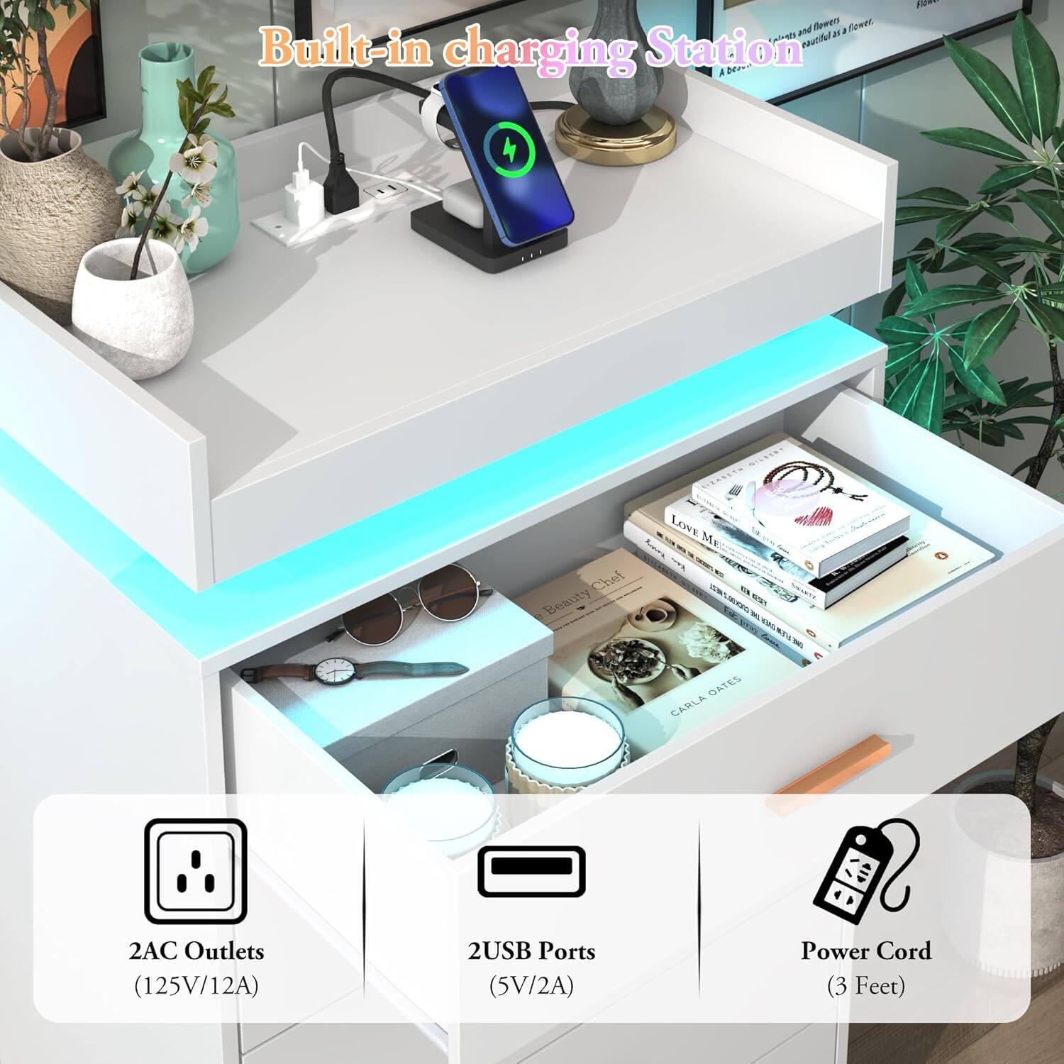 and flowers a Fewe.  
a Built-in Station rautfdl charging  
A D d 4 SY LTabita LEWE -n Mr -  
Chef M - SENkTs Beauty WEN USS WLAR win W -  
GATES CARLA  
2AC Outlets (125V/12A)  
2USB Ports (5V/2A)  
Power Cord (3 Feet)