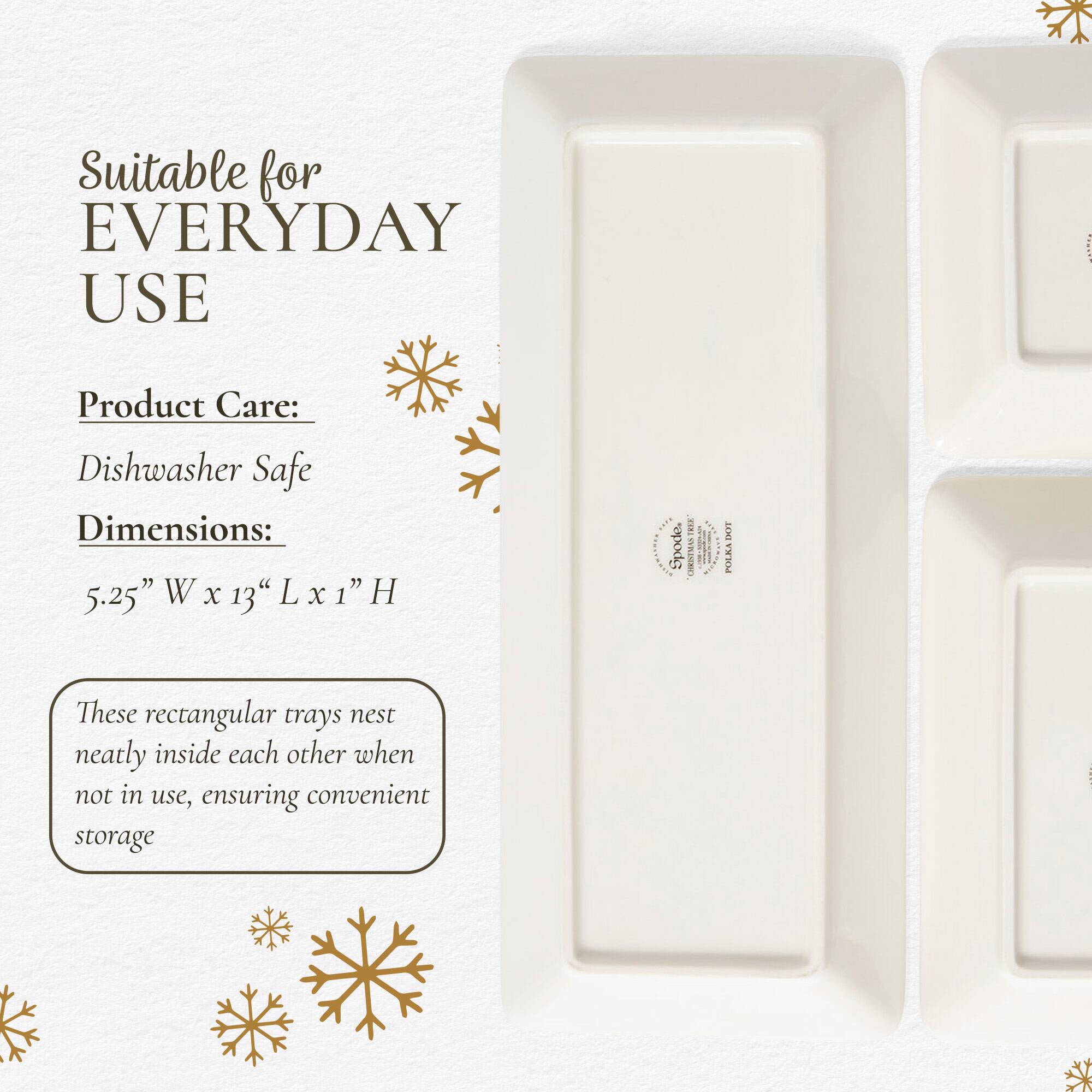 Suitable for EVERYDAY USE

Product Care: Dishwasher Safe

Dimensions: 5.25" W x 13" L x 1" H

Spode. TREE CHRISTMAS TREE DOT POLKA

These rectangular trays nest neatly inside each other when not in use, ensuring convenient storage