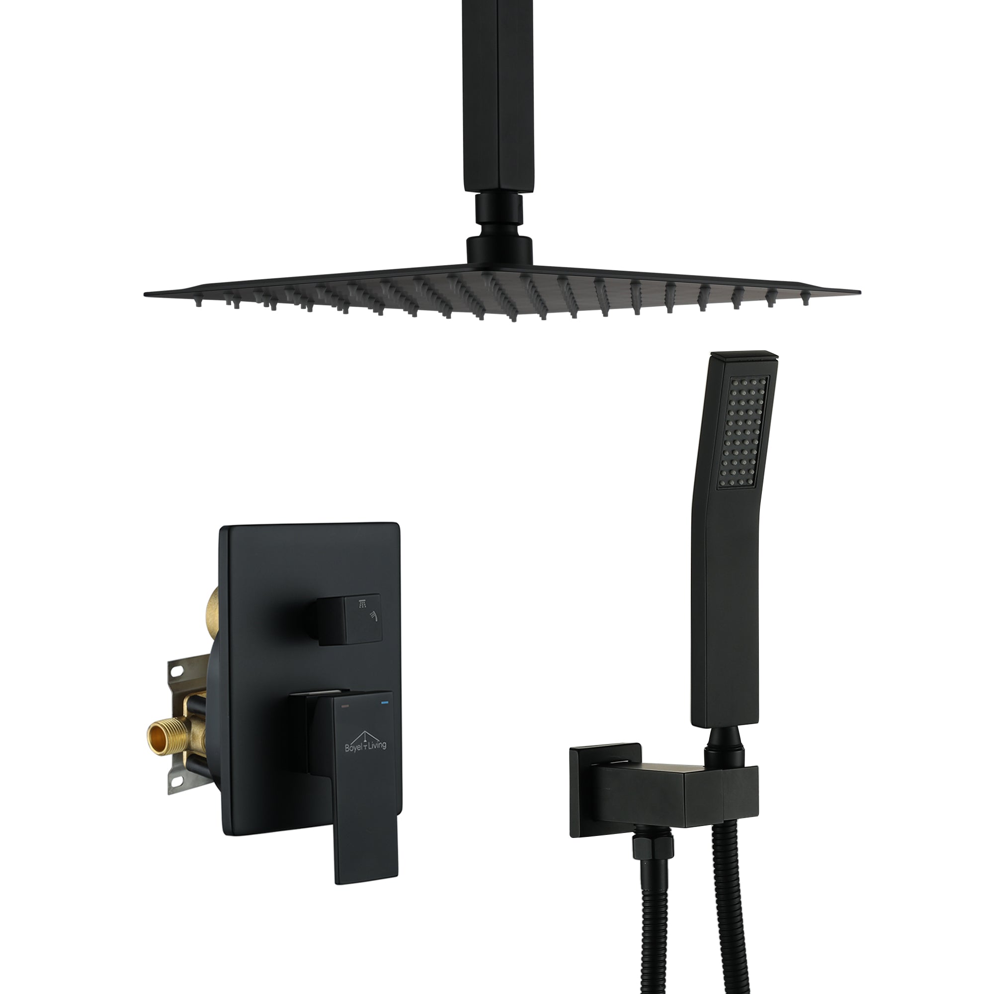 Front. Boyel Living - 1-Spray Patterns with 2.5 GPM 10 in. Ceiling Mount Dual Shower Heads with Pressure Balance Valve in Matte Black - Matte Black.