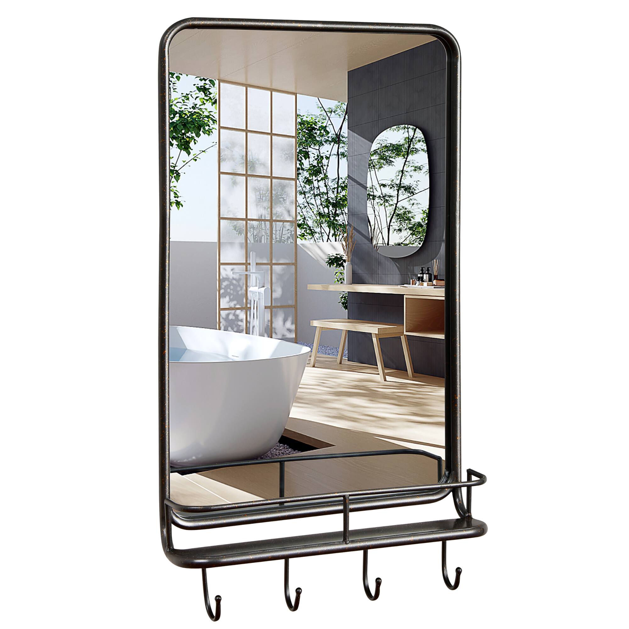 Alt View 3. Costway - Costway Wall Bathroom Mirror w/ Shelf Hooks Sturdy Metal Frame for Bedroom Living Room - Black.