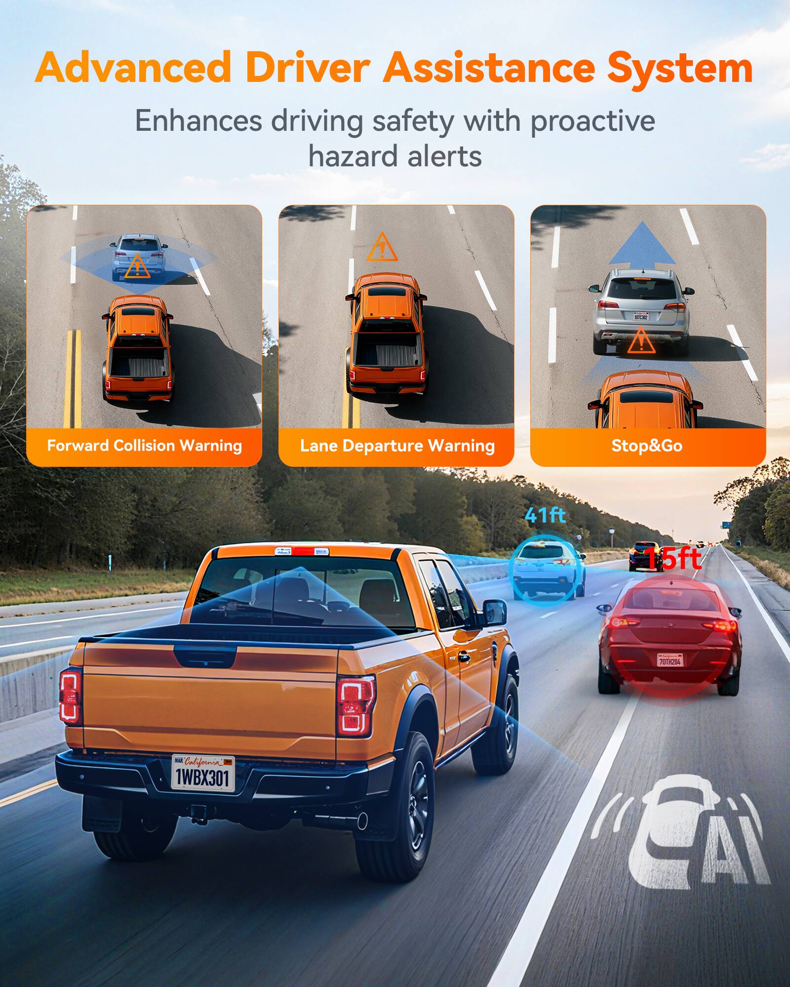 Advanced Driver Assistance System Enhances driving safety with proactive hazard alerts - Forward Collision Warning Lane Departure Warning Stop&Go - 41ft 5ft I AA California 1WBX301