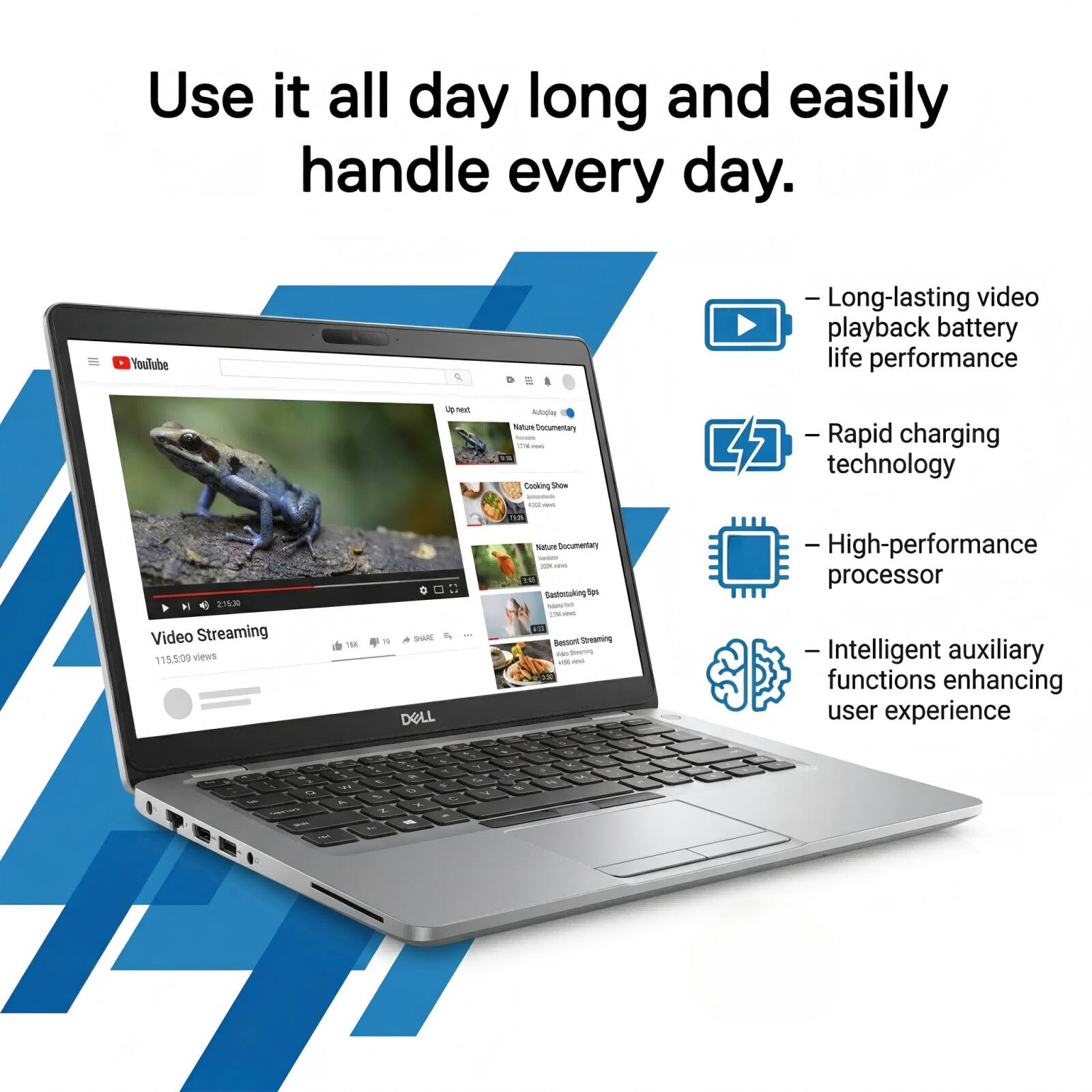 Use it all day long and easily handle every day.

- Long-lasting video playback battery life performance
- Rapid charging technology
- High-performance processor
- Intelligent auxiliary functions enhancing user experience