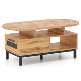 Pefilos - 47" Oval Coffee Table, Mixed Storage & Open Compartments, 5-Leg Support Base, Natural & Black - Brown